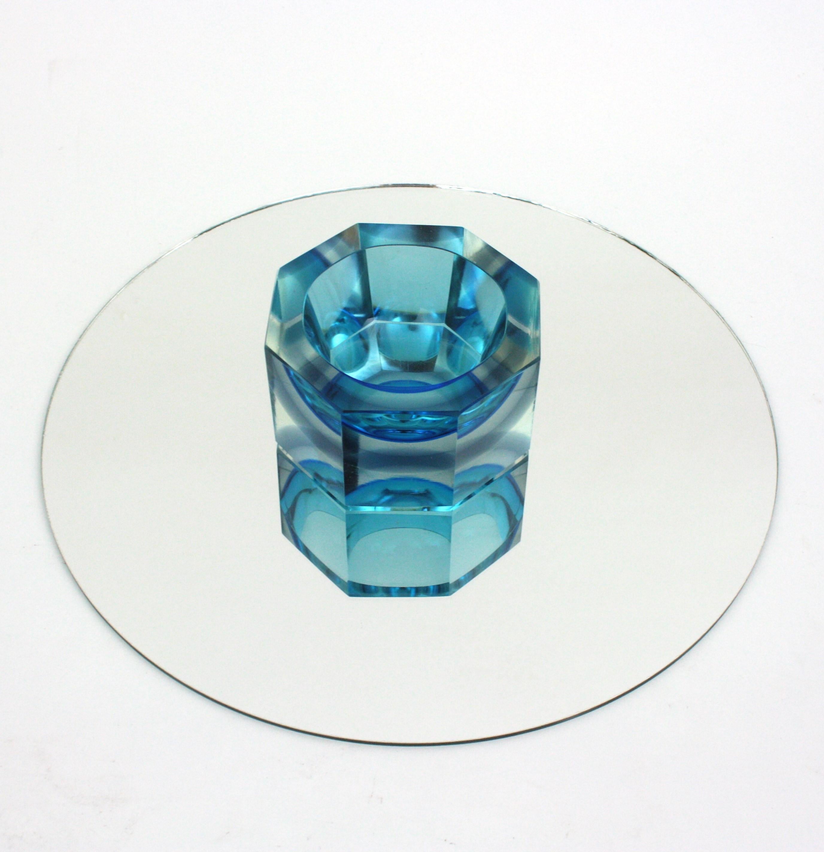 Flavio Poli Seguso Murano Sommerso Blue & Clear Faceted Art Glass Bowl For Sale 7