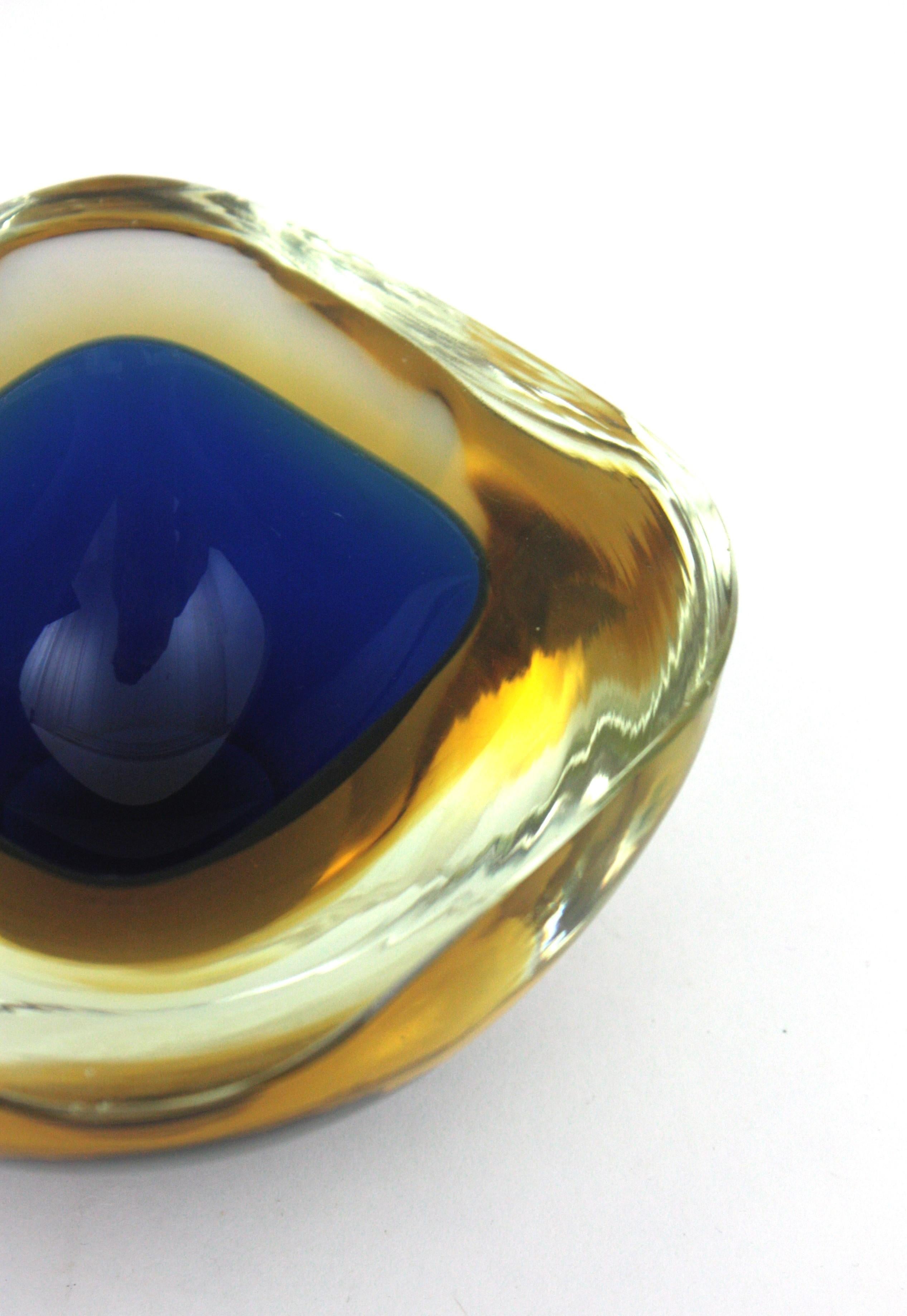 Flavio Poli Seguso Murano Sommerso Blue Yellow Art Glass Geode Bowl For Sale 6