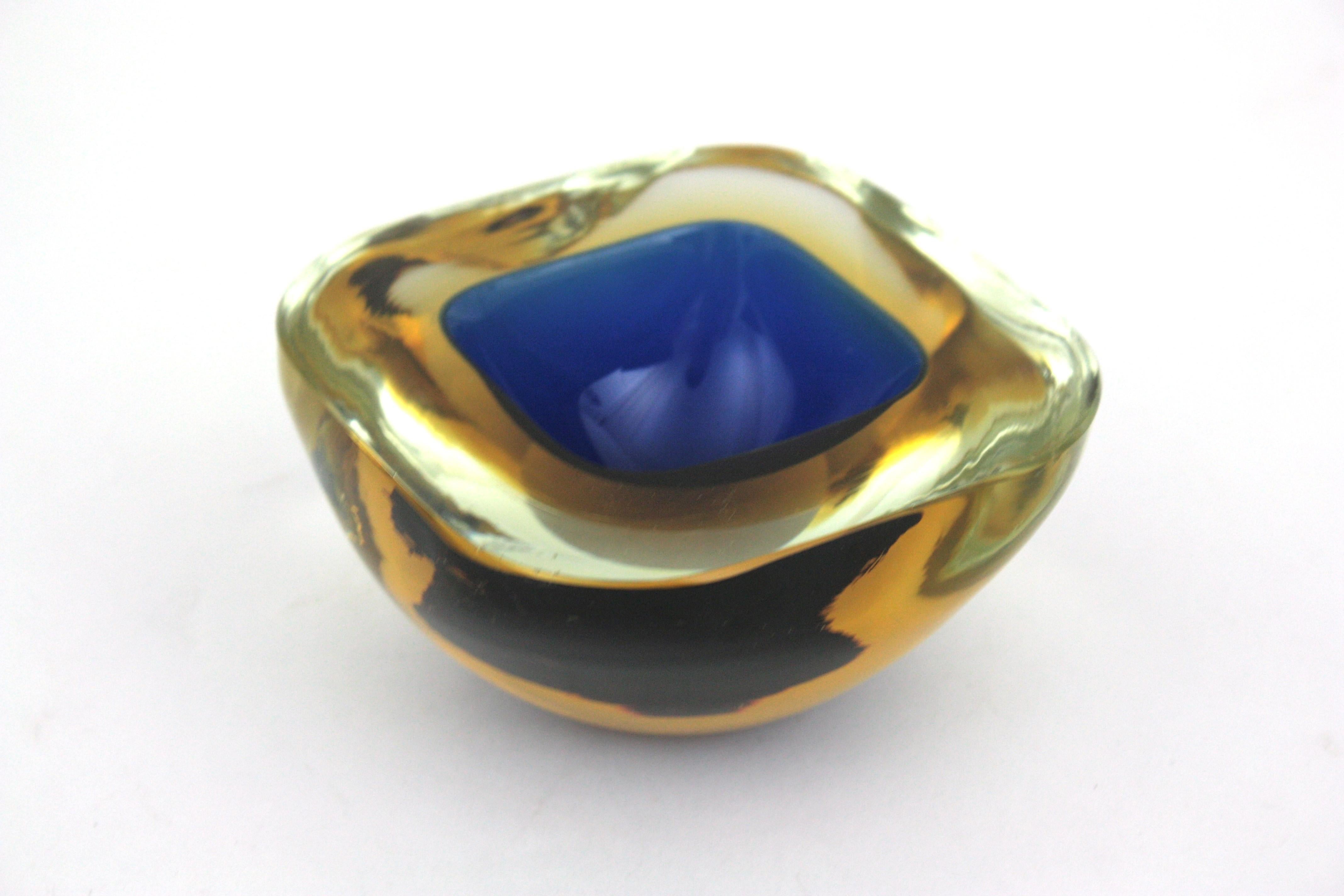 Flavio Poli Seguso Murano Sommerso Blue Yellow Art Glass Geode Bowl For Sale 7