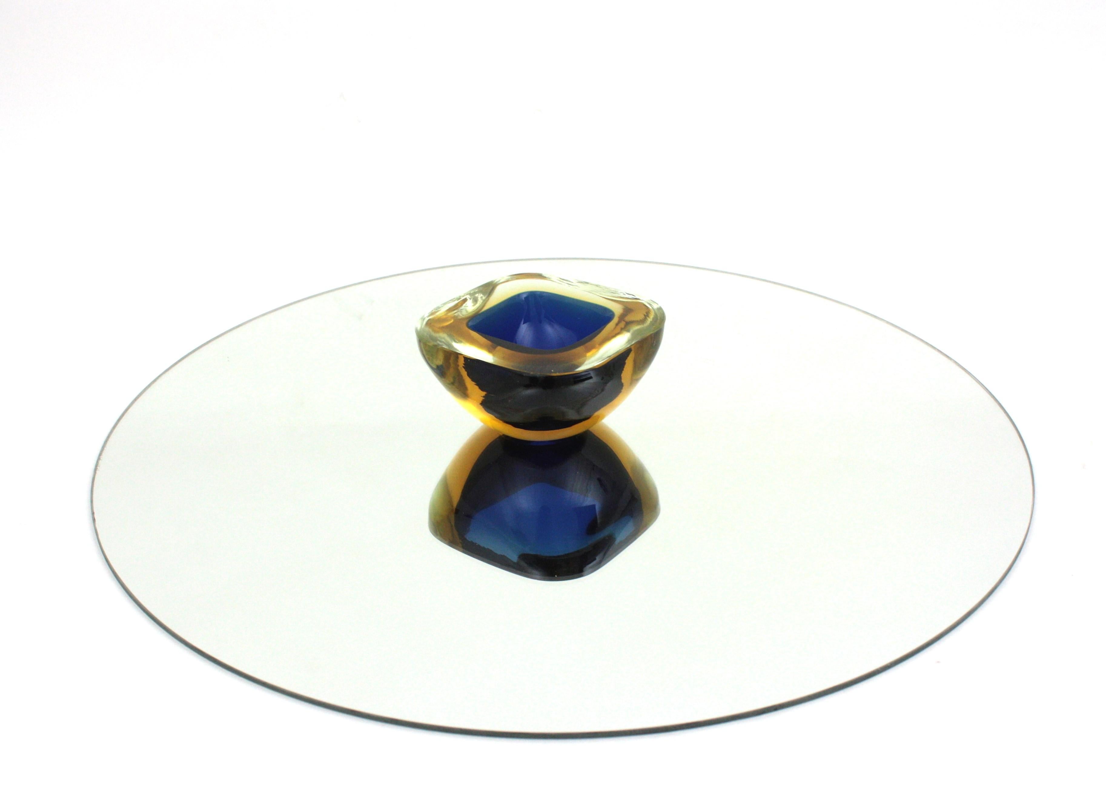 Italian Flavio Poli Seguso Murano Sommerso Blue Yellow Art Glass Geode Bowl For Sale
