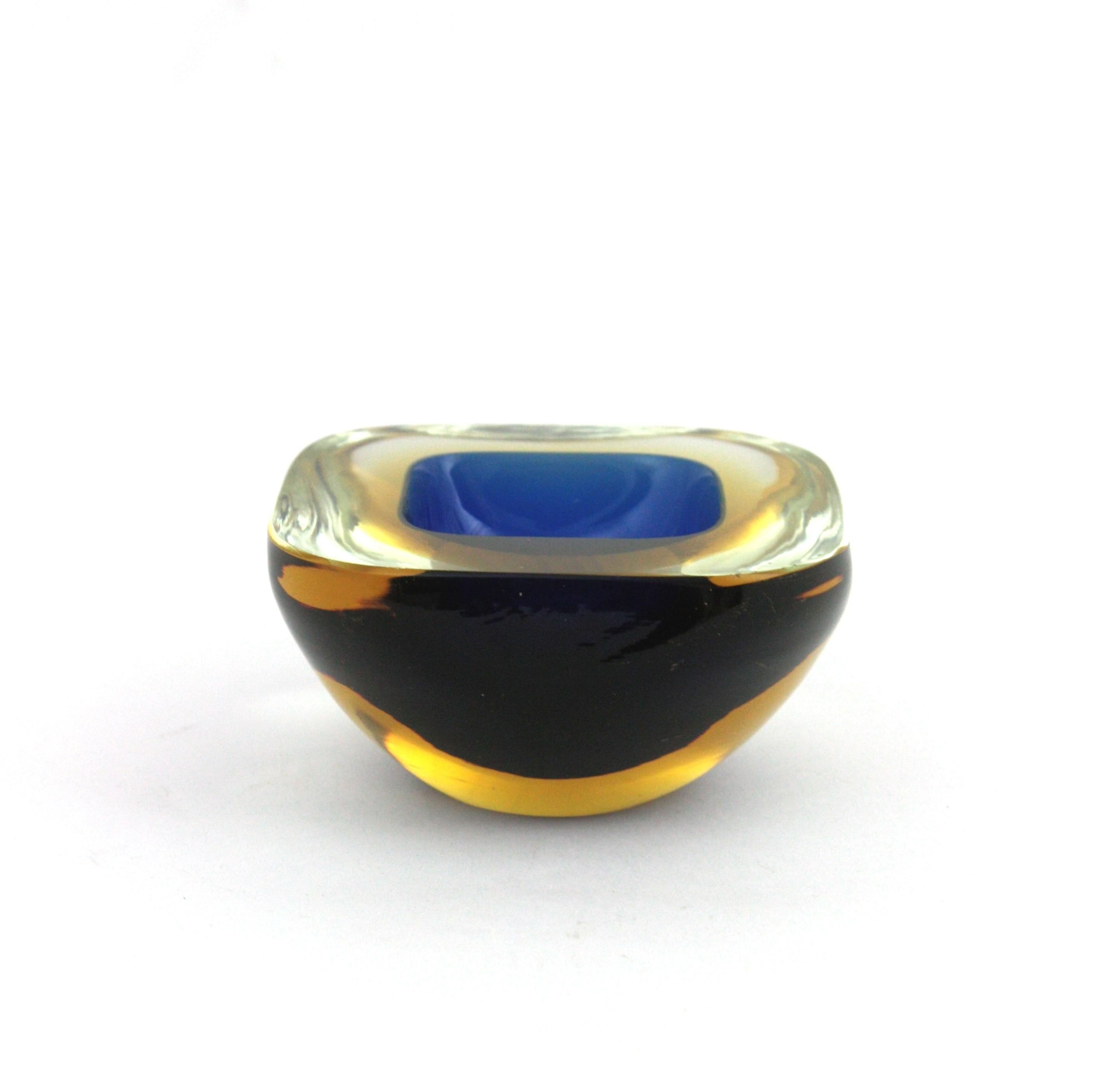 Flavio Poli Seguso Murano Sommerso Blue Yellow Art Glass Geode Bowl For Sale 1