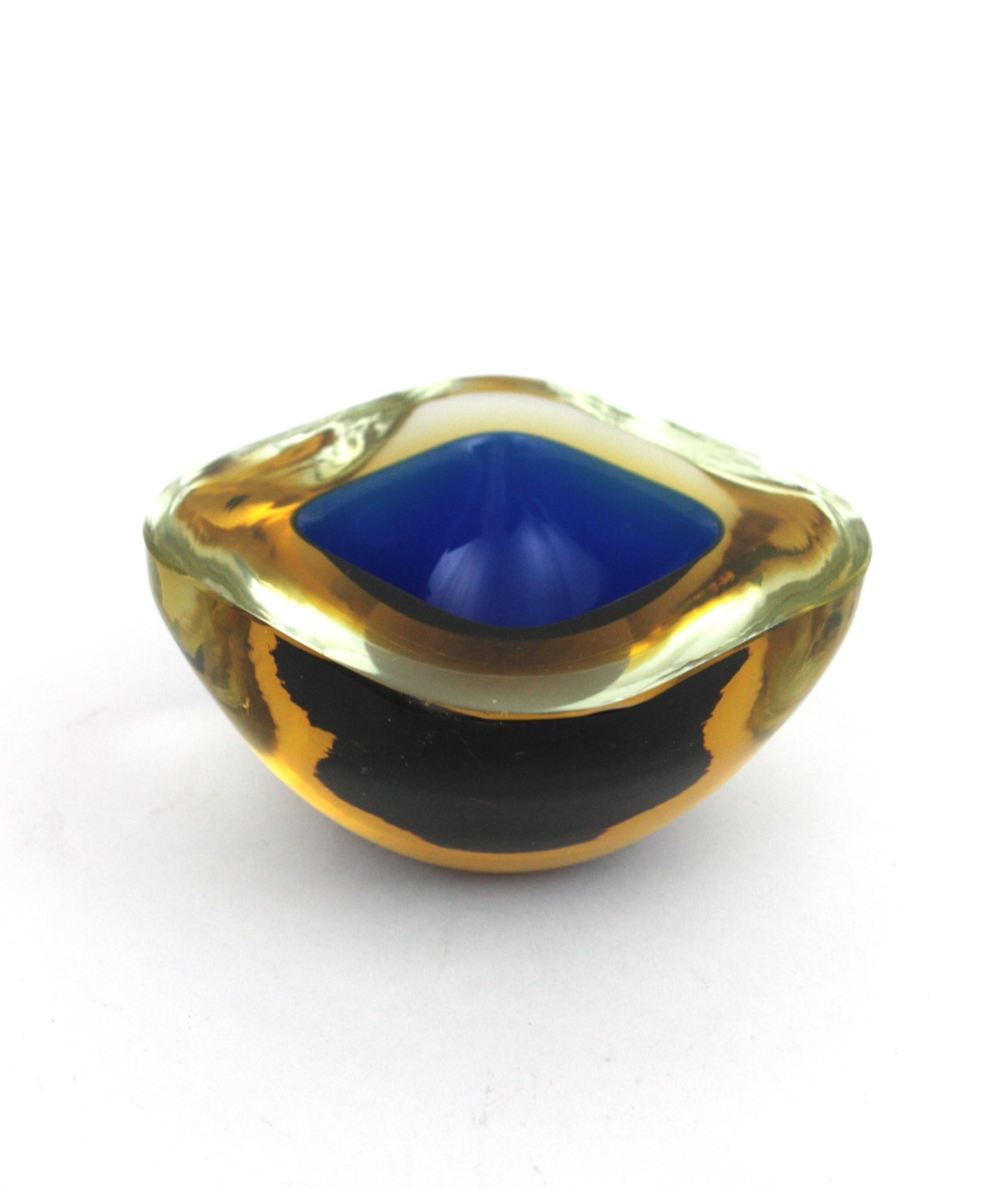 Flavio Poli Seguso Murano Sommerso Blue Yellow Art Glass Geode Bowl For Sale 2