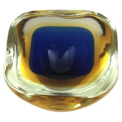 Retro Flavio Poli Seguso Murano Sommerso Blue Yellow Art Glass Geode Bowl
