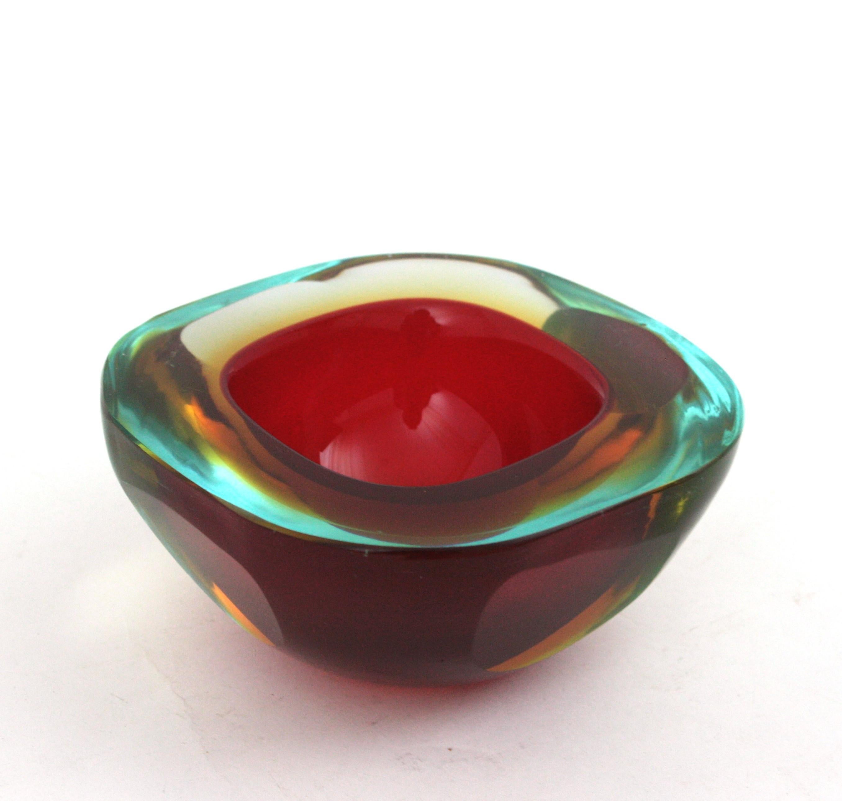 Flavio Poli Seguso Murano Sommerso Red Art Glass Geode Bowl 4