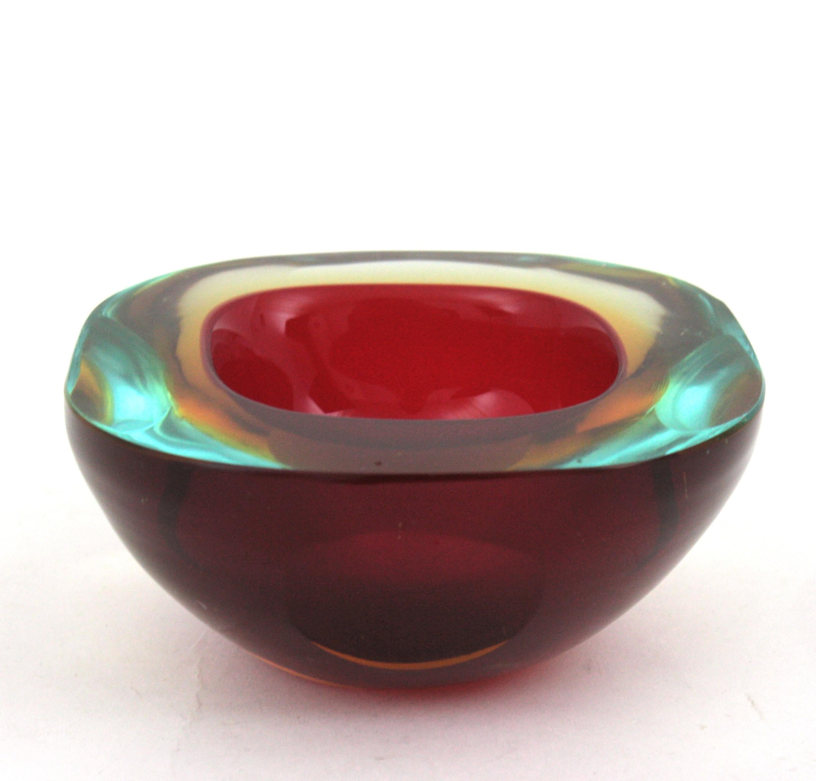 Italian Flavio Poli Seguso Murano Sommerso Red Art Glass Geode Bowl