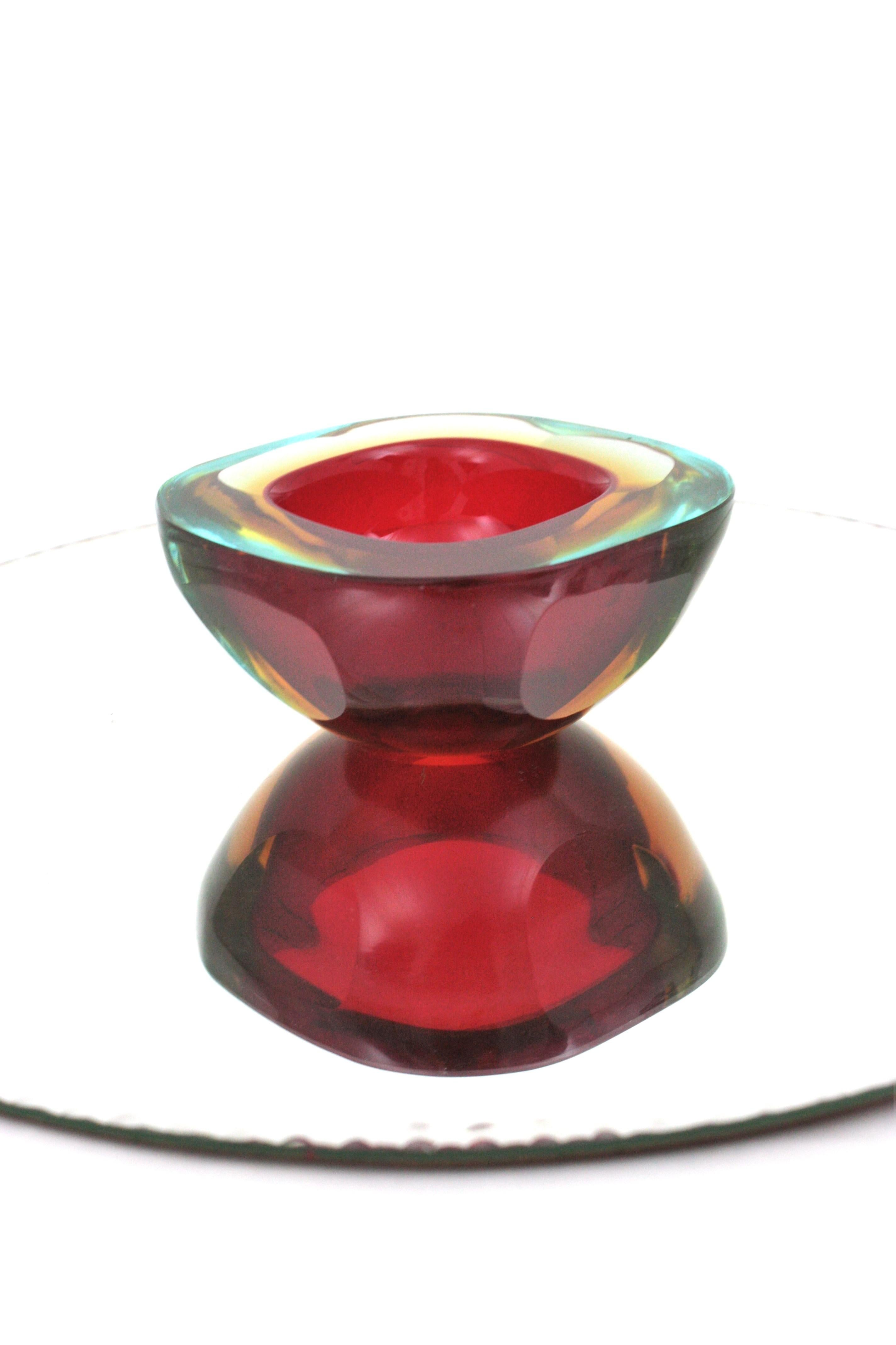 Flavio Poli Seguso Murano Sommerso Red Art Glass Geode Bowl 1
