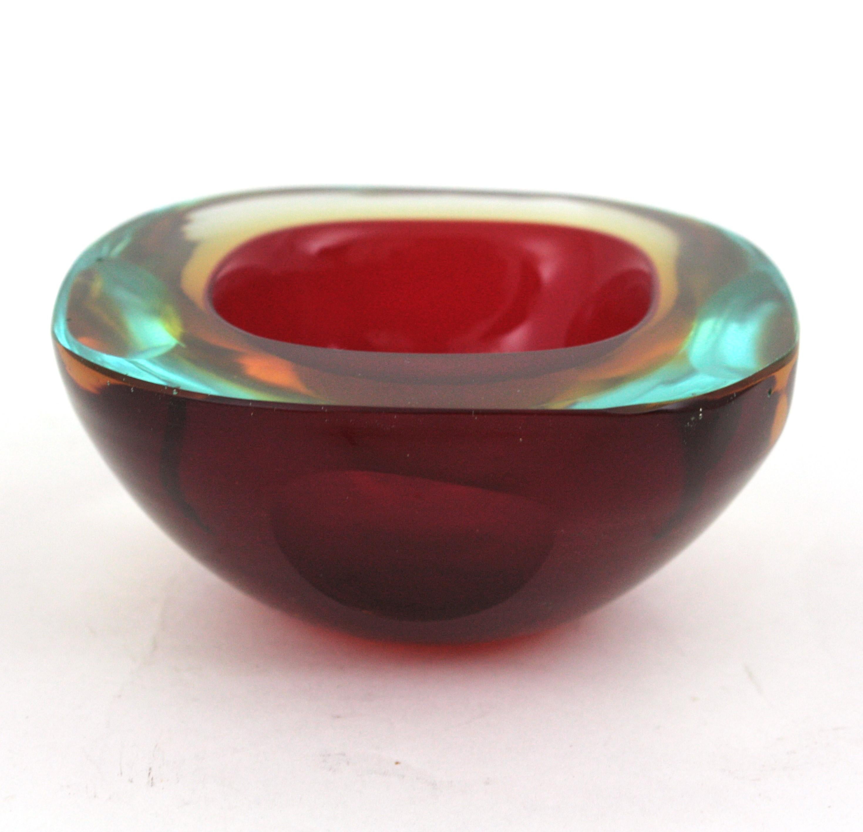 Flavio Poli Seguso Murano Sommerso Red Art Glass Geode Bowl 2