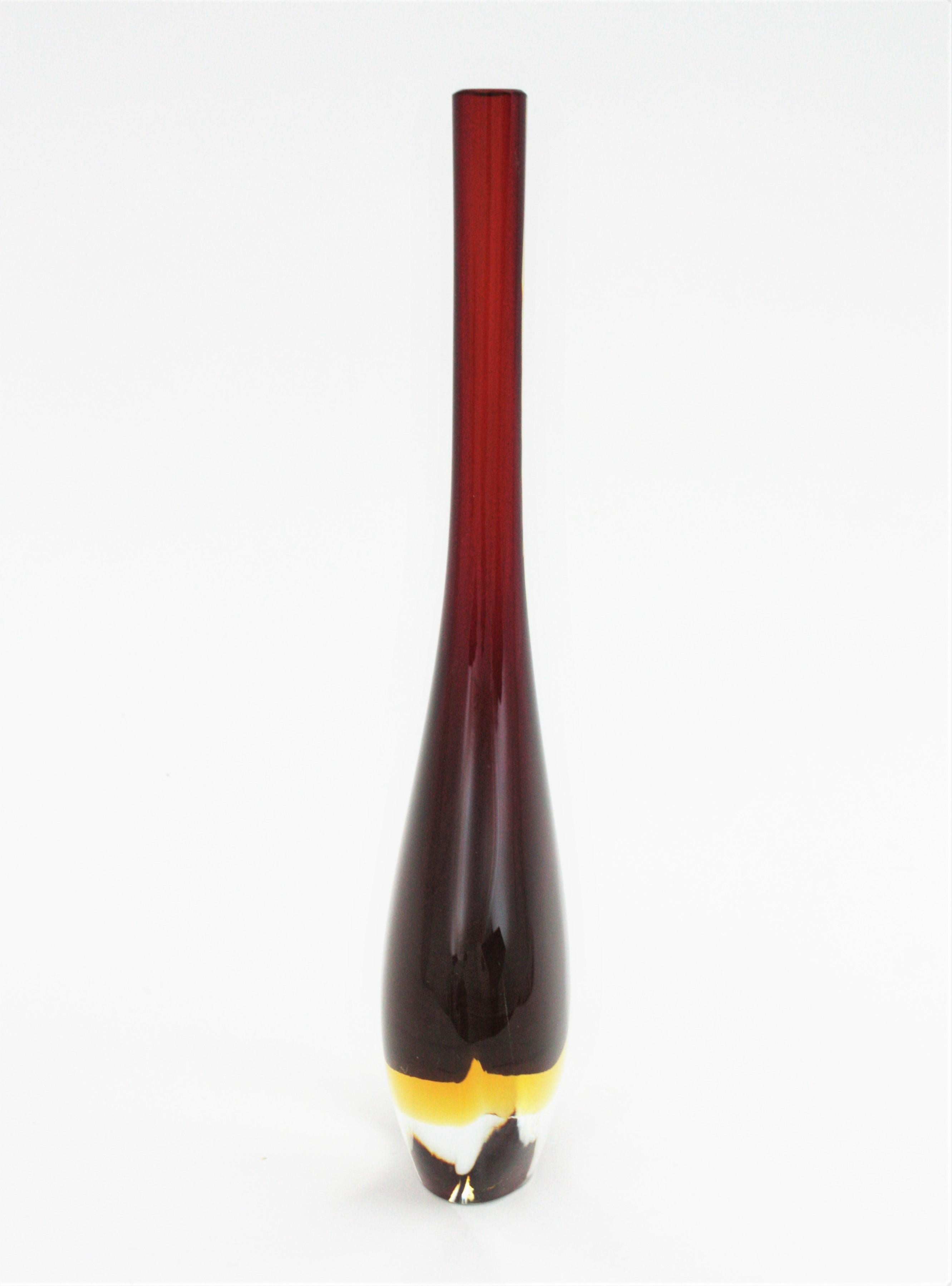 Flavio Poli Seguso Murano Sommerso Red, Yellow & Clear Glass Teardrop Tall Vase For Sale 1