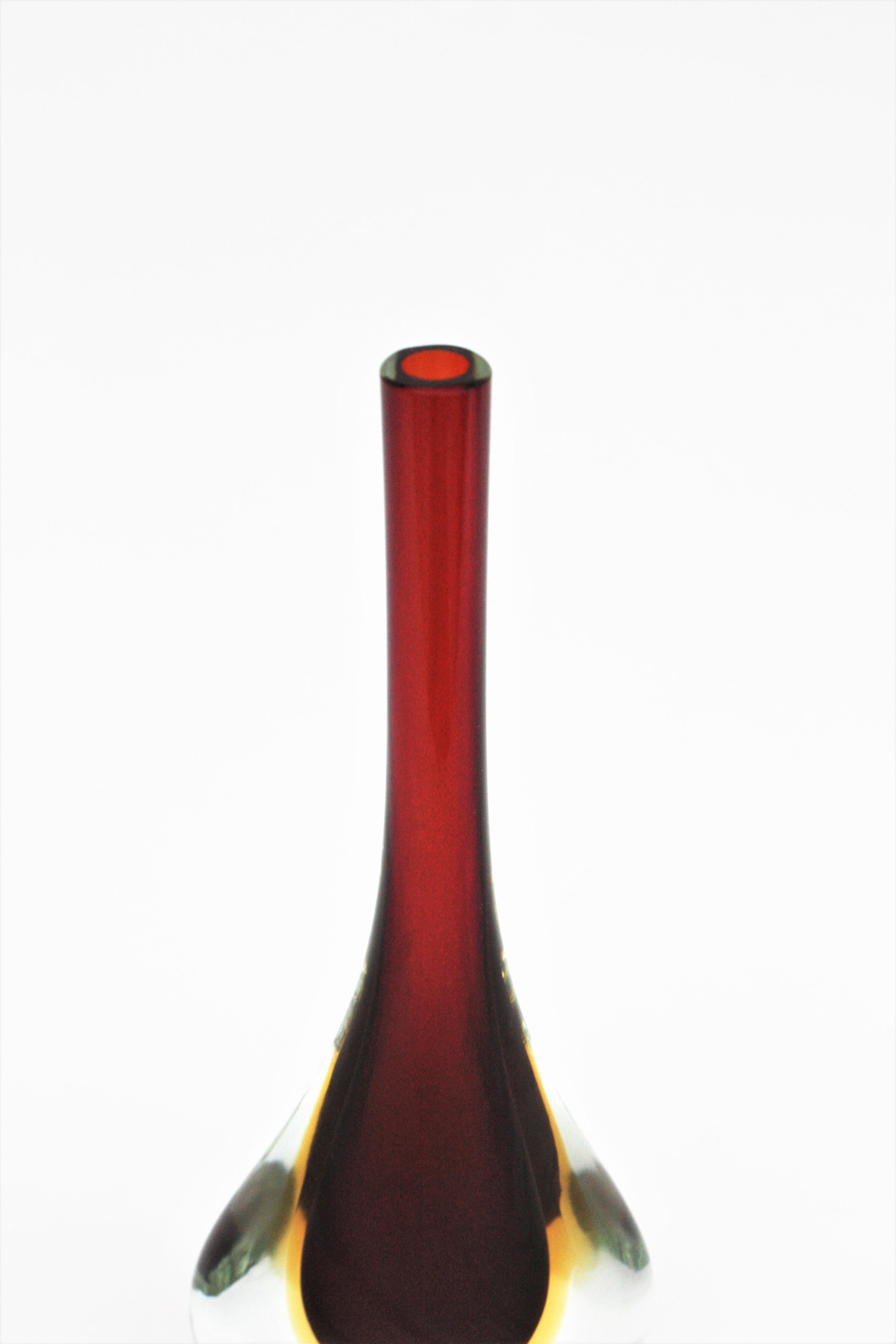Flavio Poli Seguso Murano Sommerso Red, Yellow & Clear Glass Teardrop Tall Vase For Sale 2