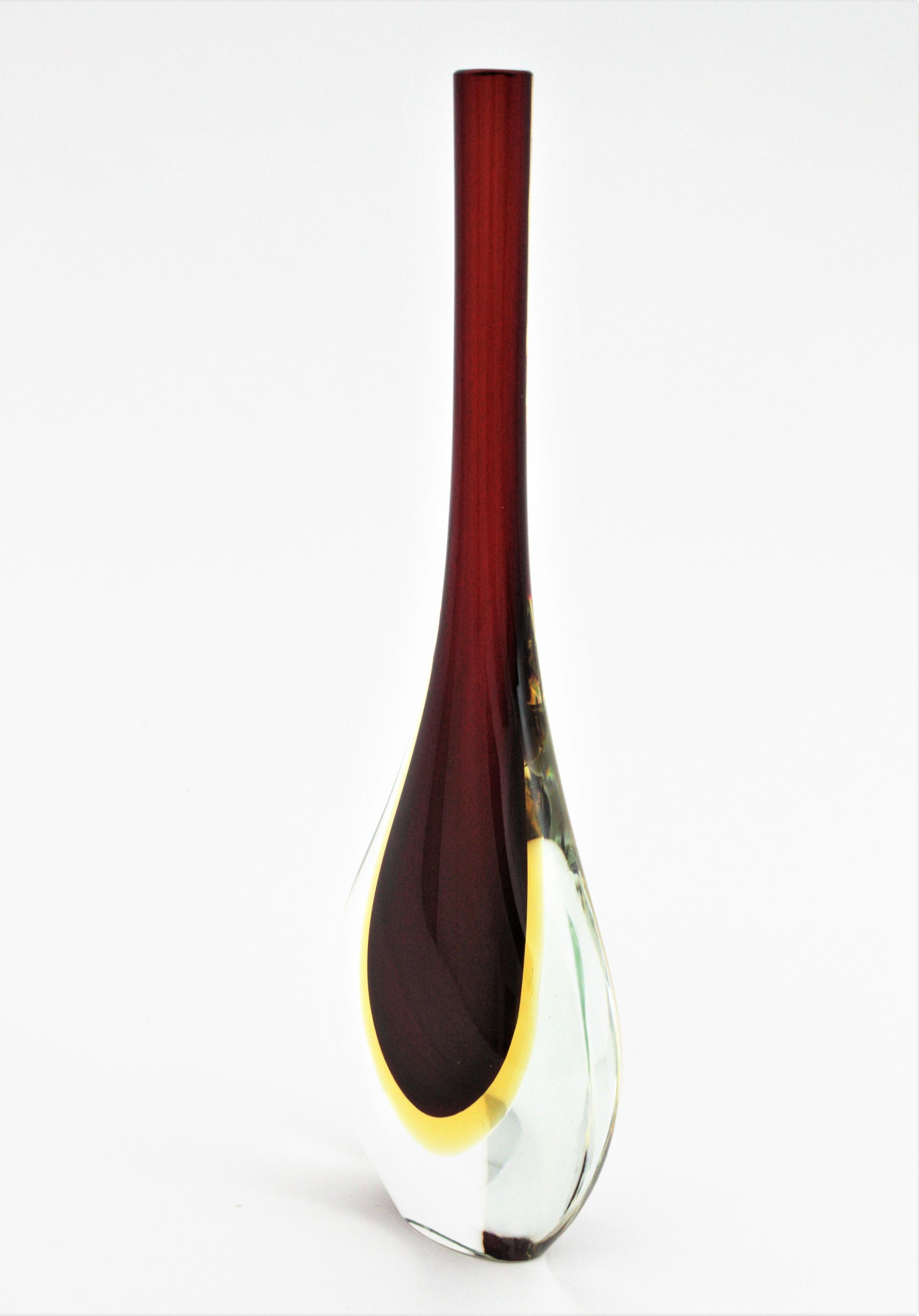 Flavio Poli Seguso Murano Sommerso Red, Yellow & Clear Glass Teardrop Tall Vase For Sale 3