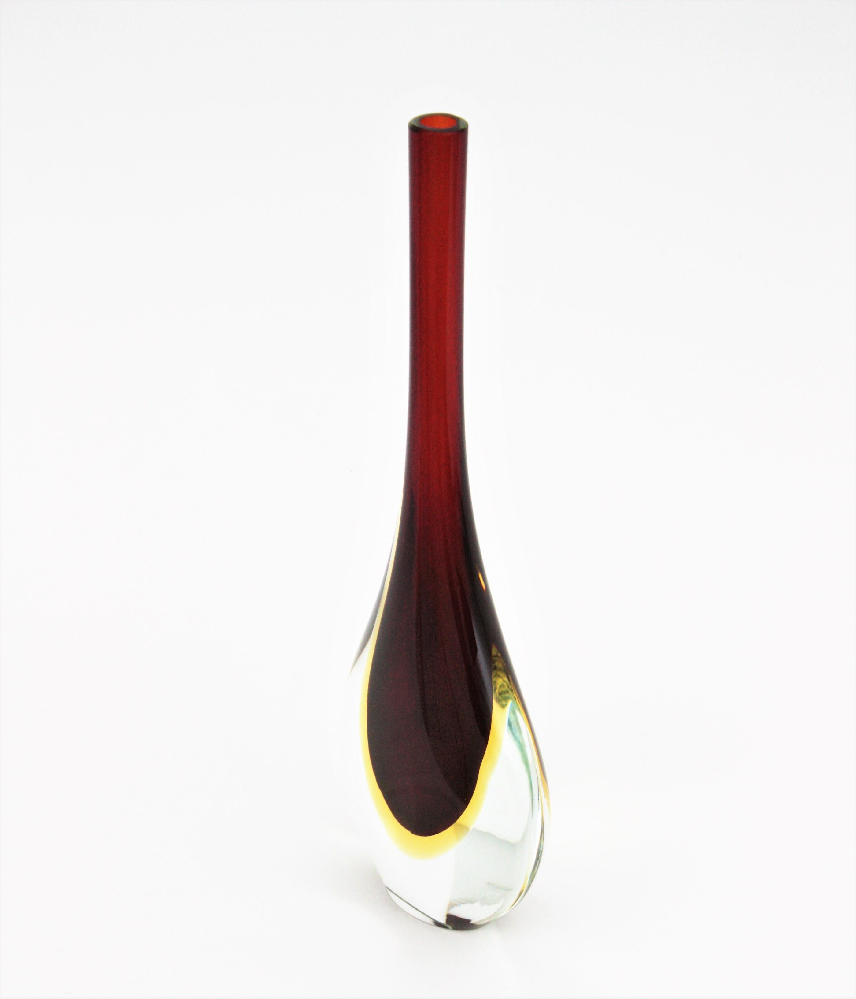 Italian Flavio Poli Seguso Murano Sommerso Red, Yellow & Clear Glass Teardrop Tall Vase For Sale