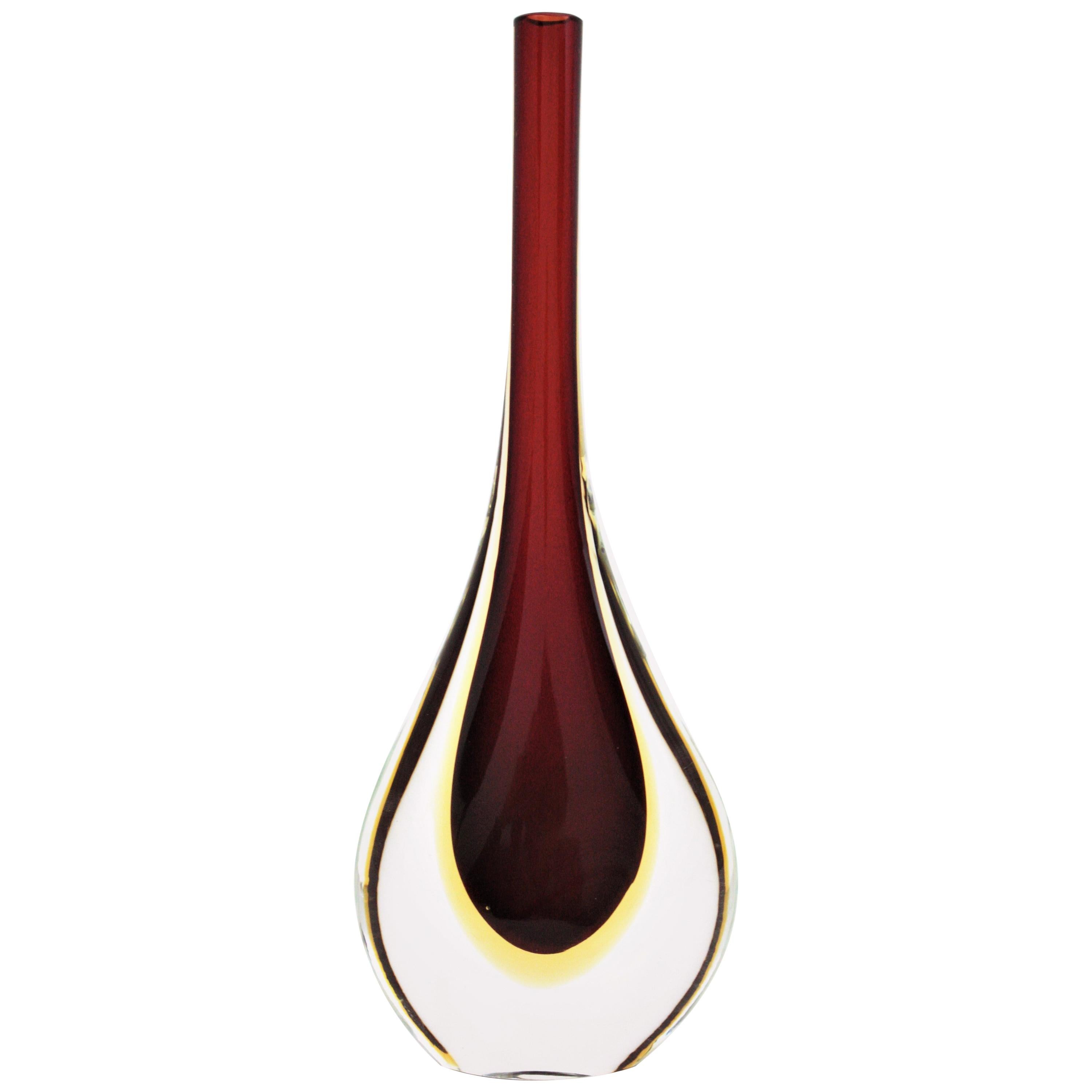 Flavio Poli Seguso Murano Sommerso Red, Yellow & Clear Glass Teardrop Tall Vase