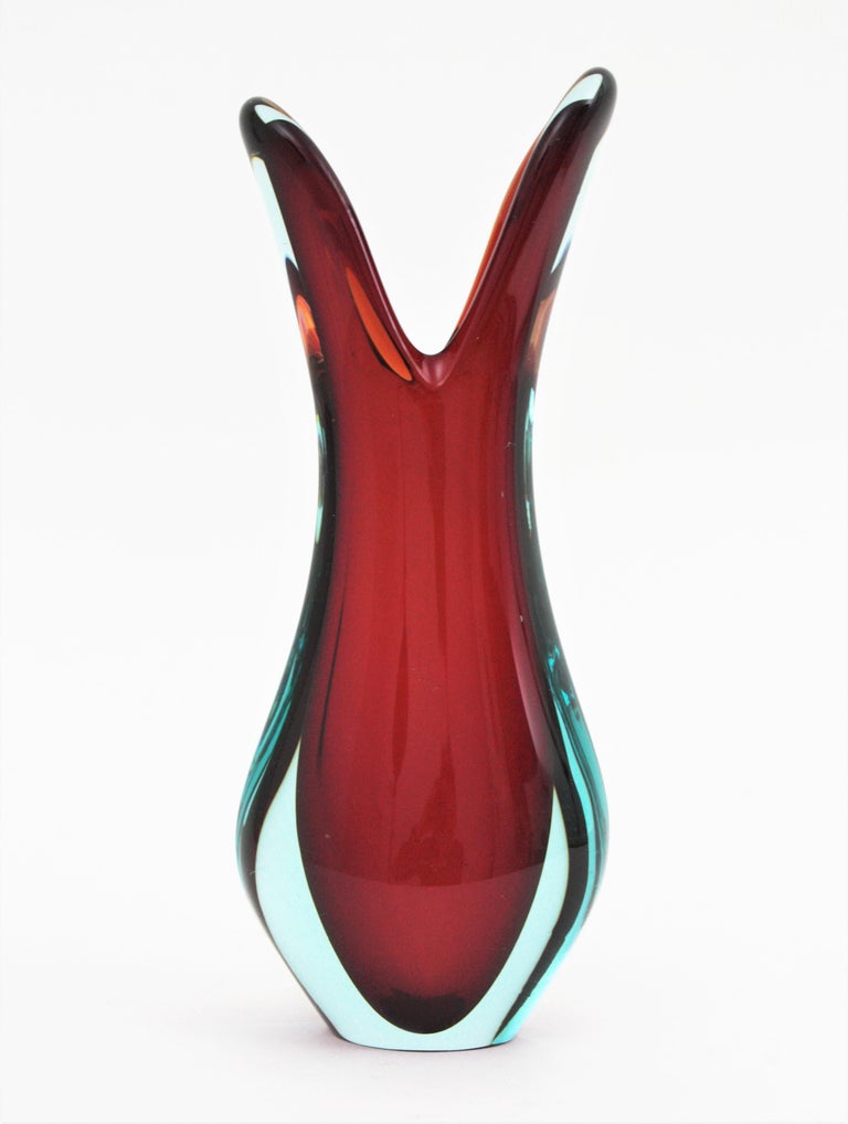 Flavio Poli Seguso Red Blue Sommerso Murano Art Glass Vase at 1stDibs