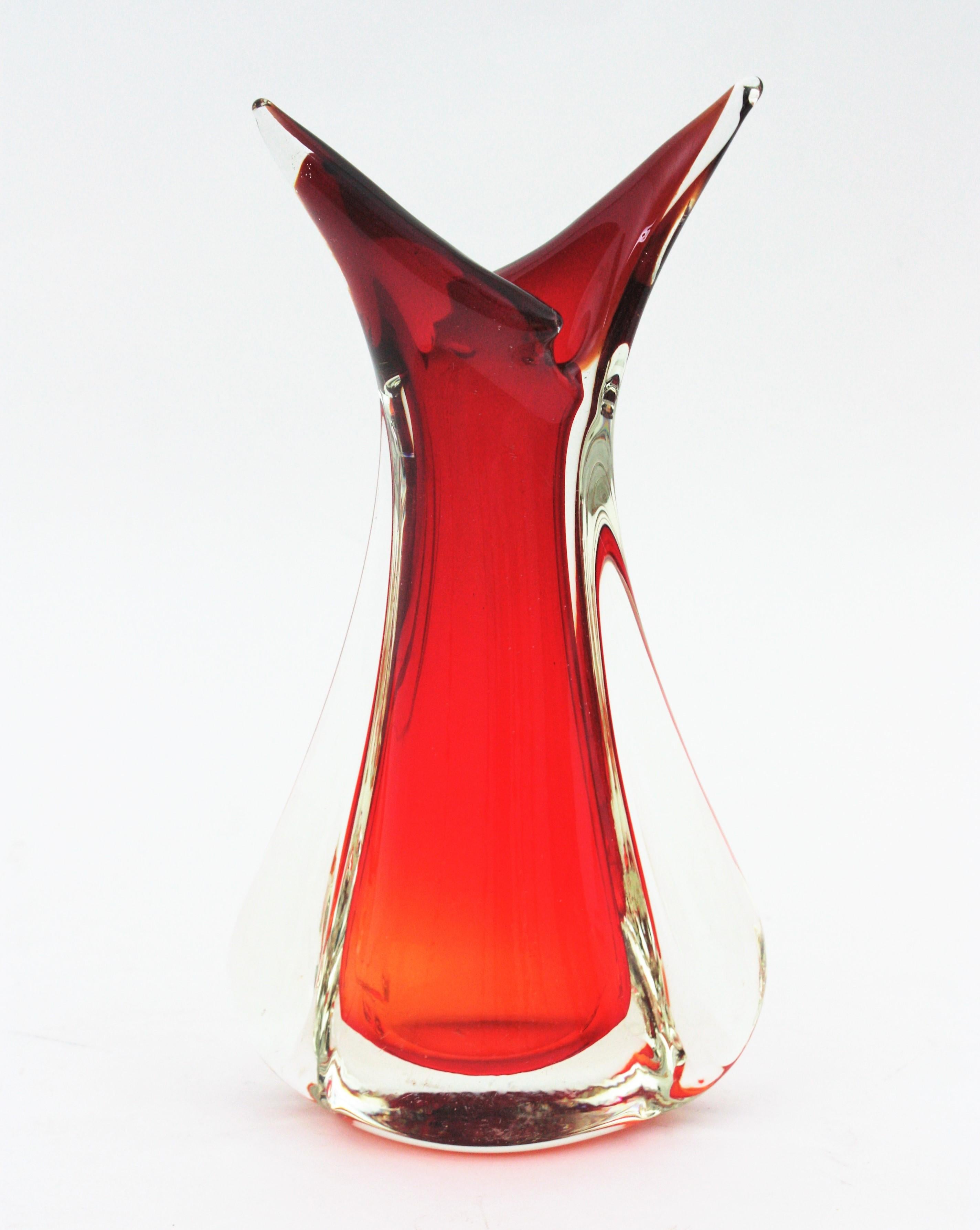 Italian Flavio Poli Seguso Red Orange Sommerso Murano Art Glass Vase For Sale