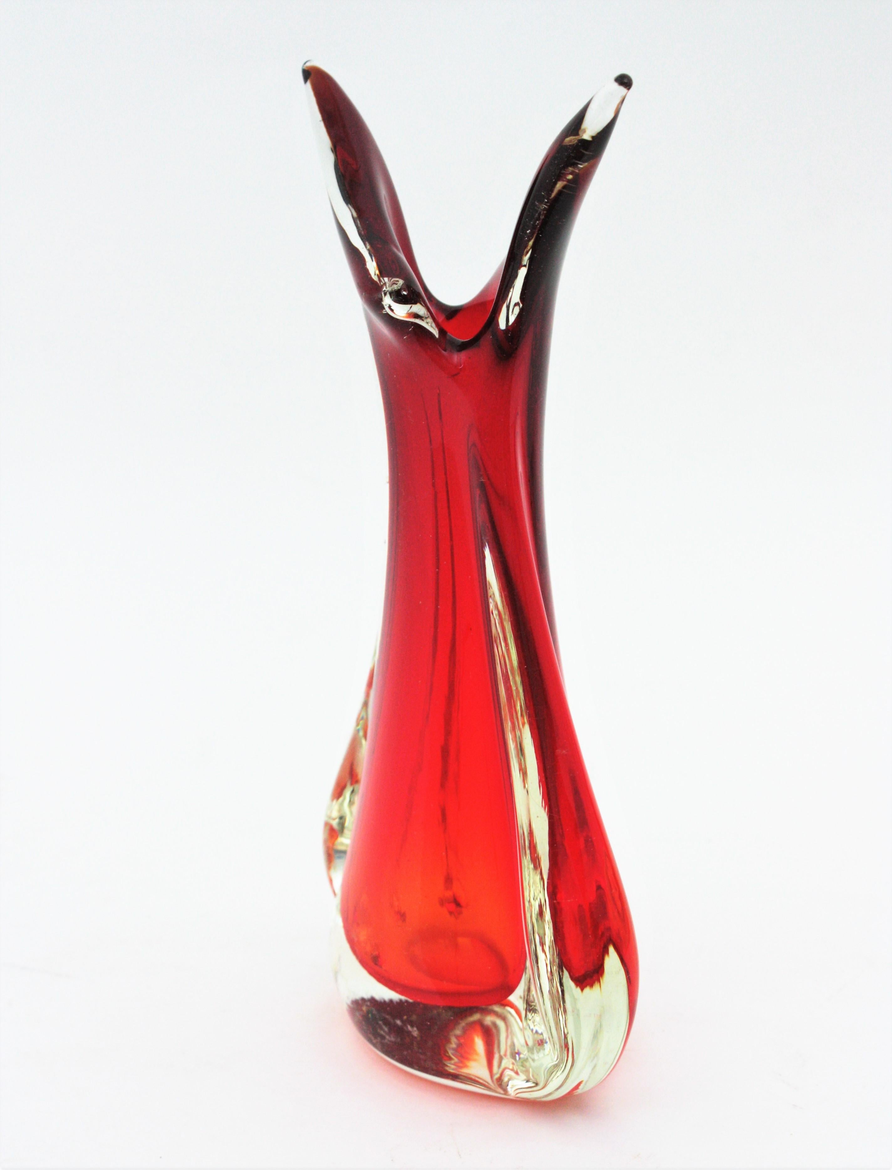 Flavio Poli Seguso Red Orange Sommerso Murano Art Glass Vase For Sale 1