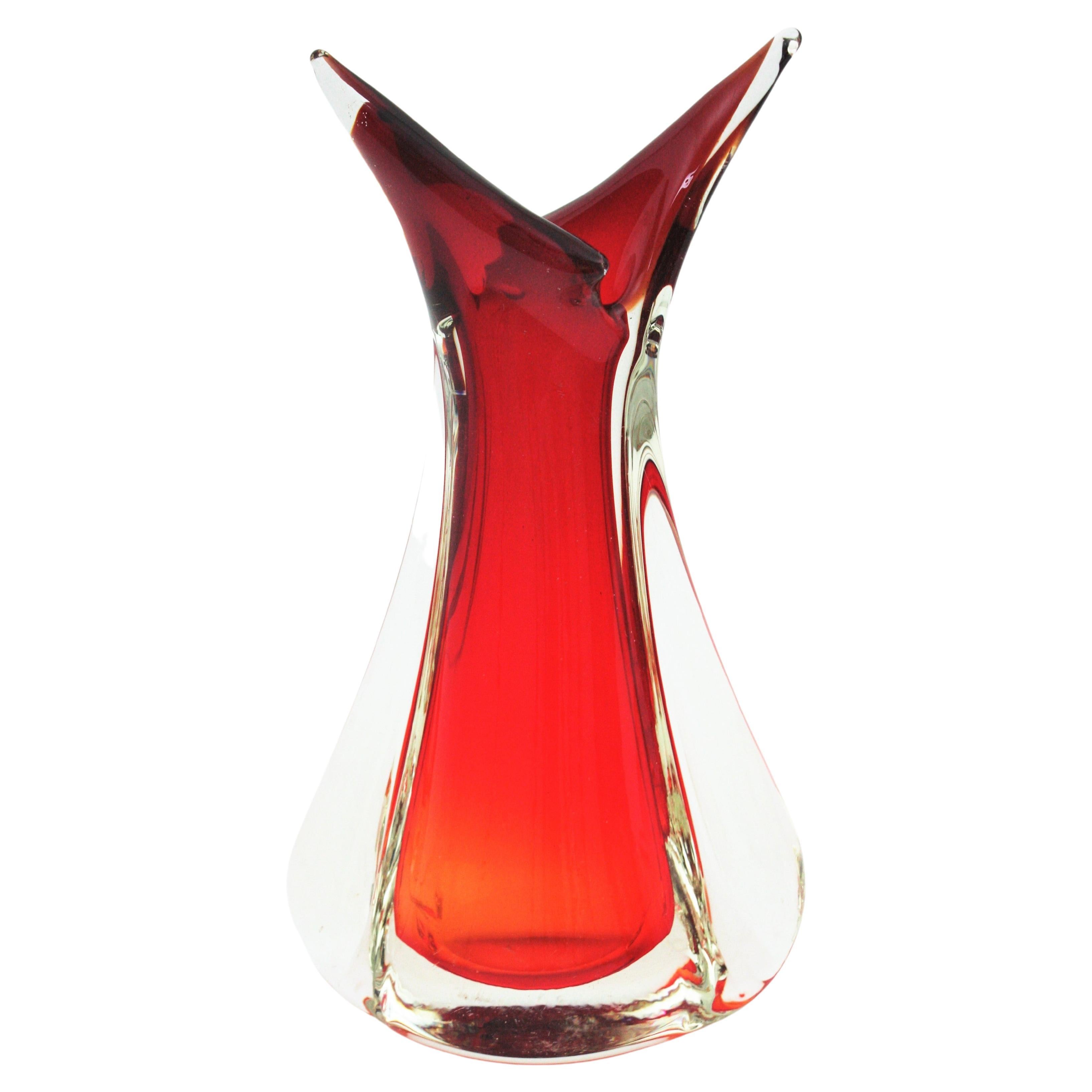 Flavio Poli Seguso Red Orange Sommerso Murano Art Glass Vase en vente