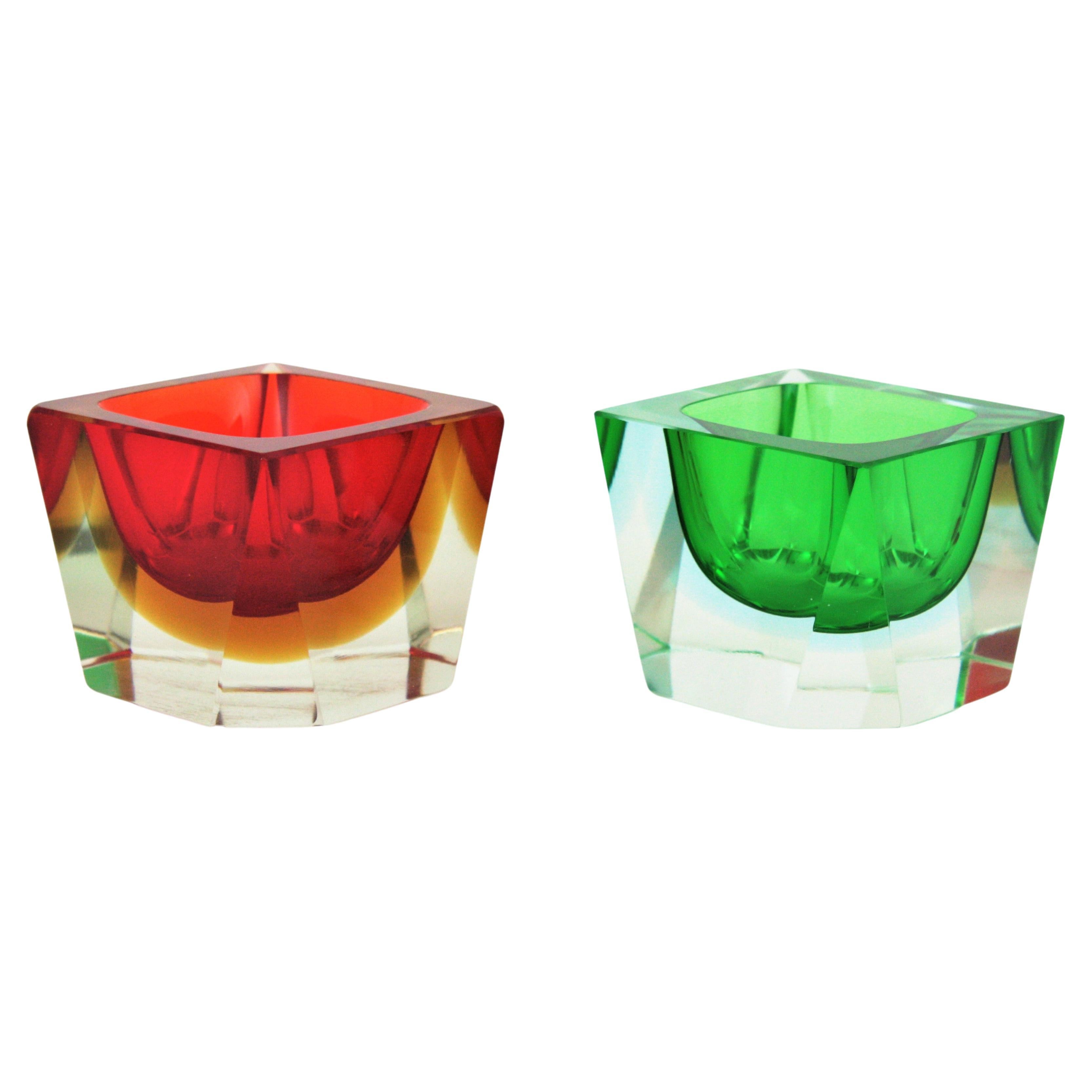 Mid-Century Modern Flavio Poli Seguso Sommerso Murano Art Glass Bowls, Set of Two For Sale