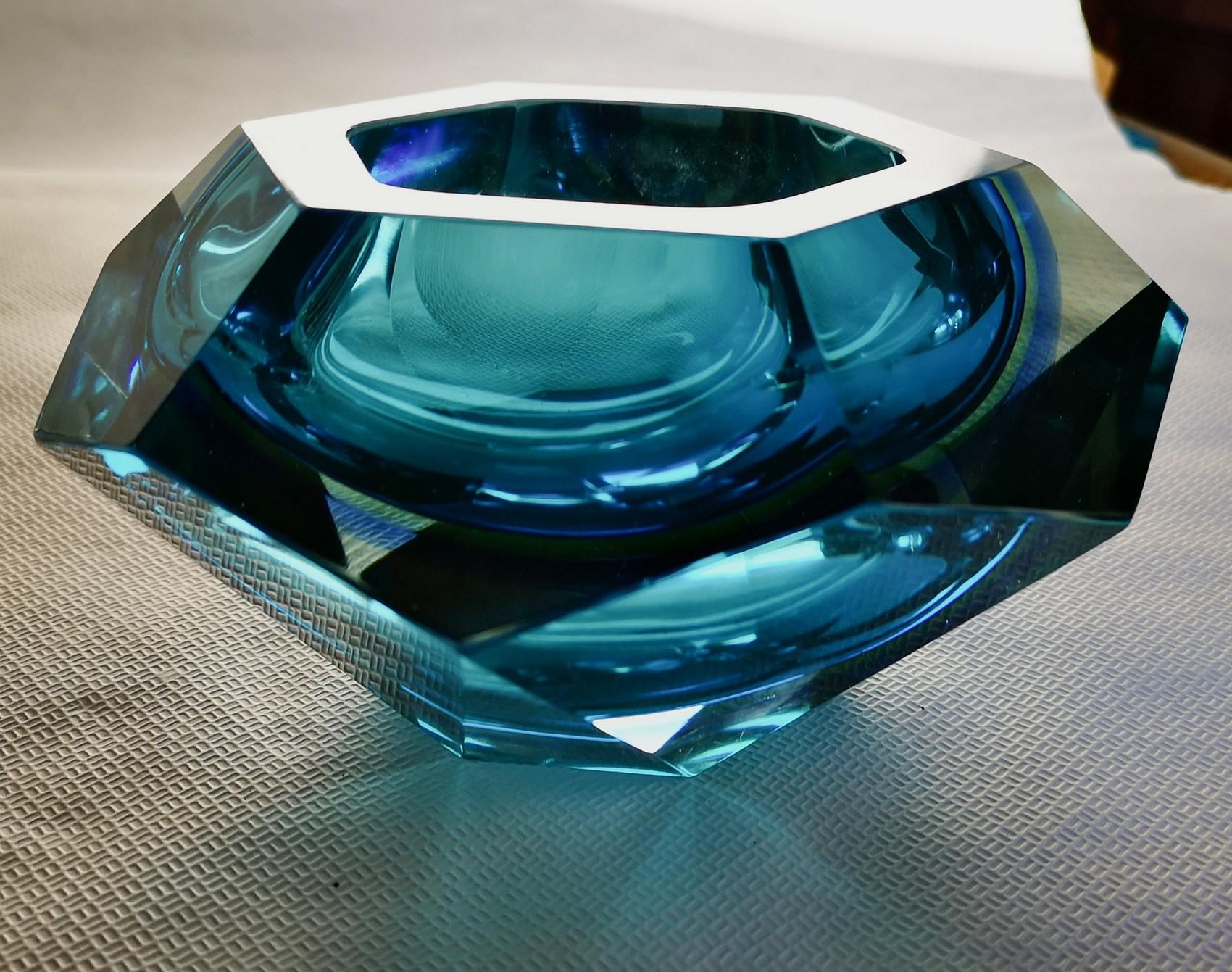 Flavio Poli Seguso VA Sommerso Faceted Bowl Clear Cobalt Uranium Yellow, 1960s For Sale 4
