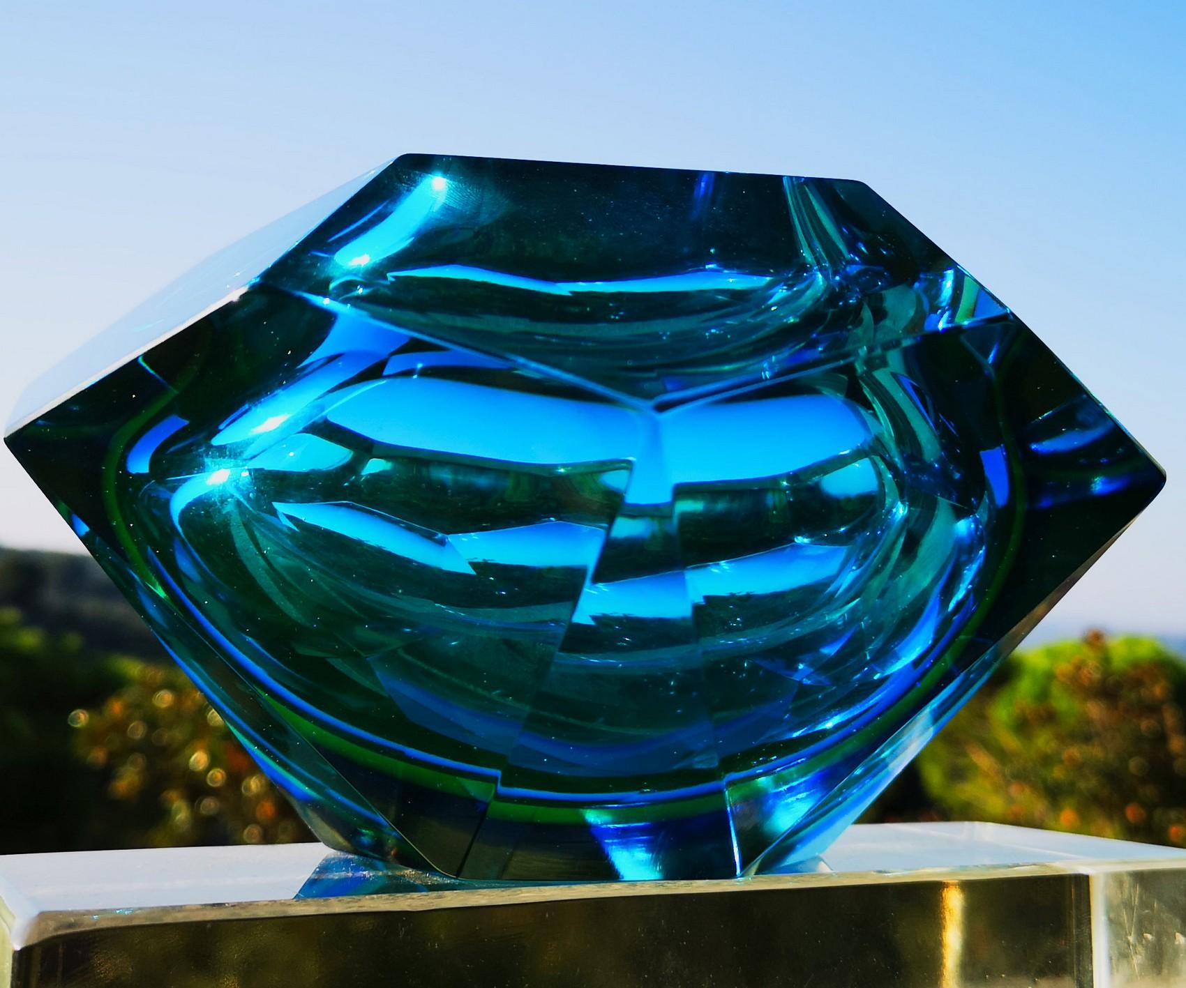 Flavio Poli Seguso VA Sommerso Faceted Bowl Clear Cobalt Uranium Yellow, 1960s For Sale 6