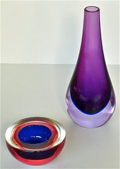 Flavio Poli Seguso Vase and Bowl Purple Pink Blue Murano Art Glass Italy, 1950s