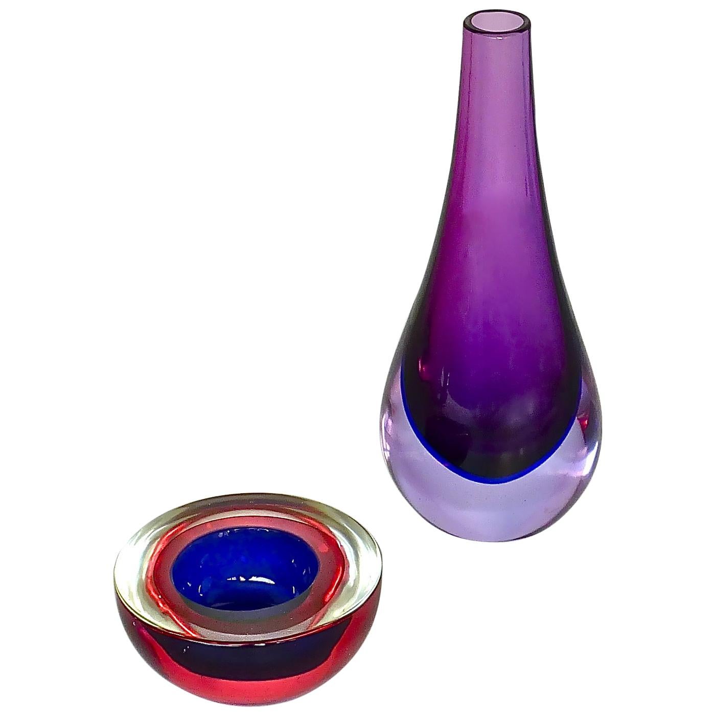 Flavio Poli Seguso Vase and Bowl Purple Pink Blue Murano Art Glass Italy, 1950s