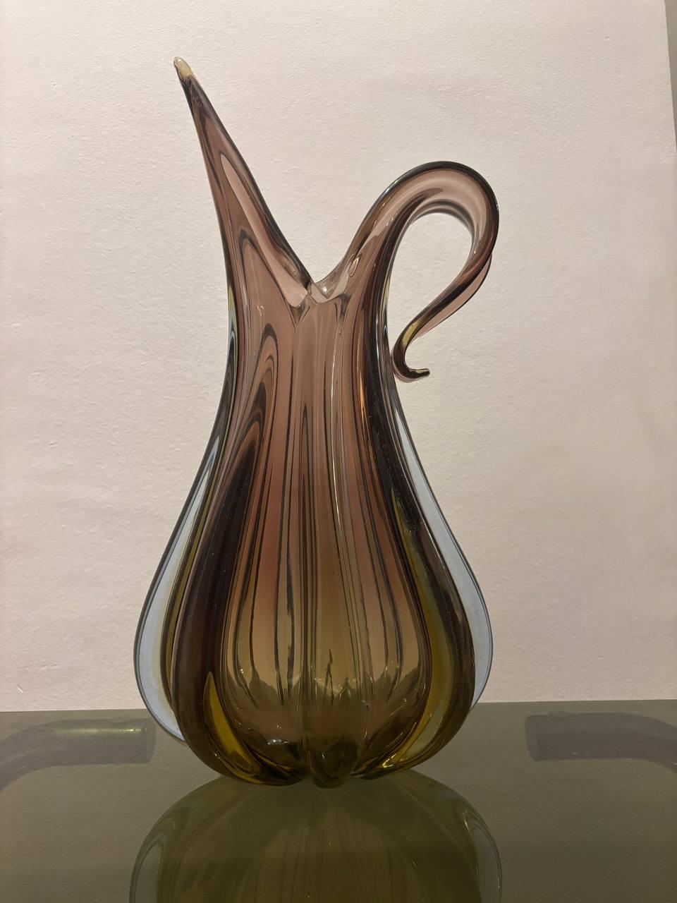 20th Century Flavio Poli Seguso purple Murano glass vase with blue yellow insets 20th century For Sale