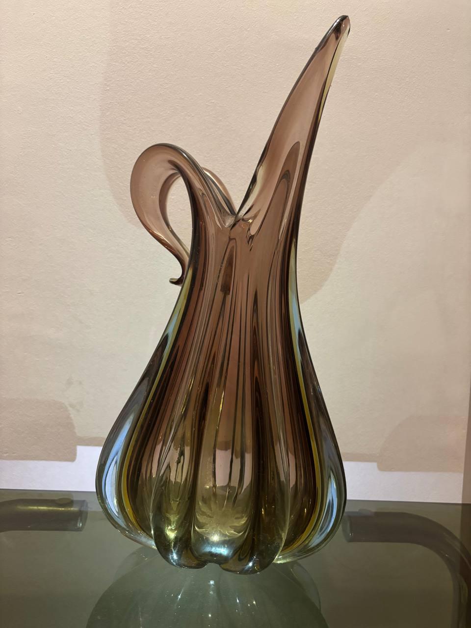 Glass Flavio Poli Seguso purple Murano glass vase with blue yellow insets 20th century For Sale
