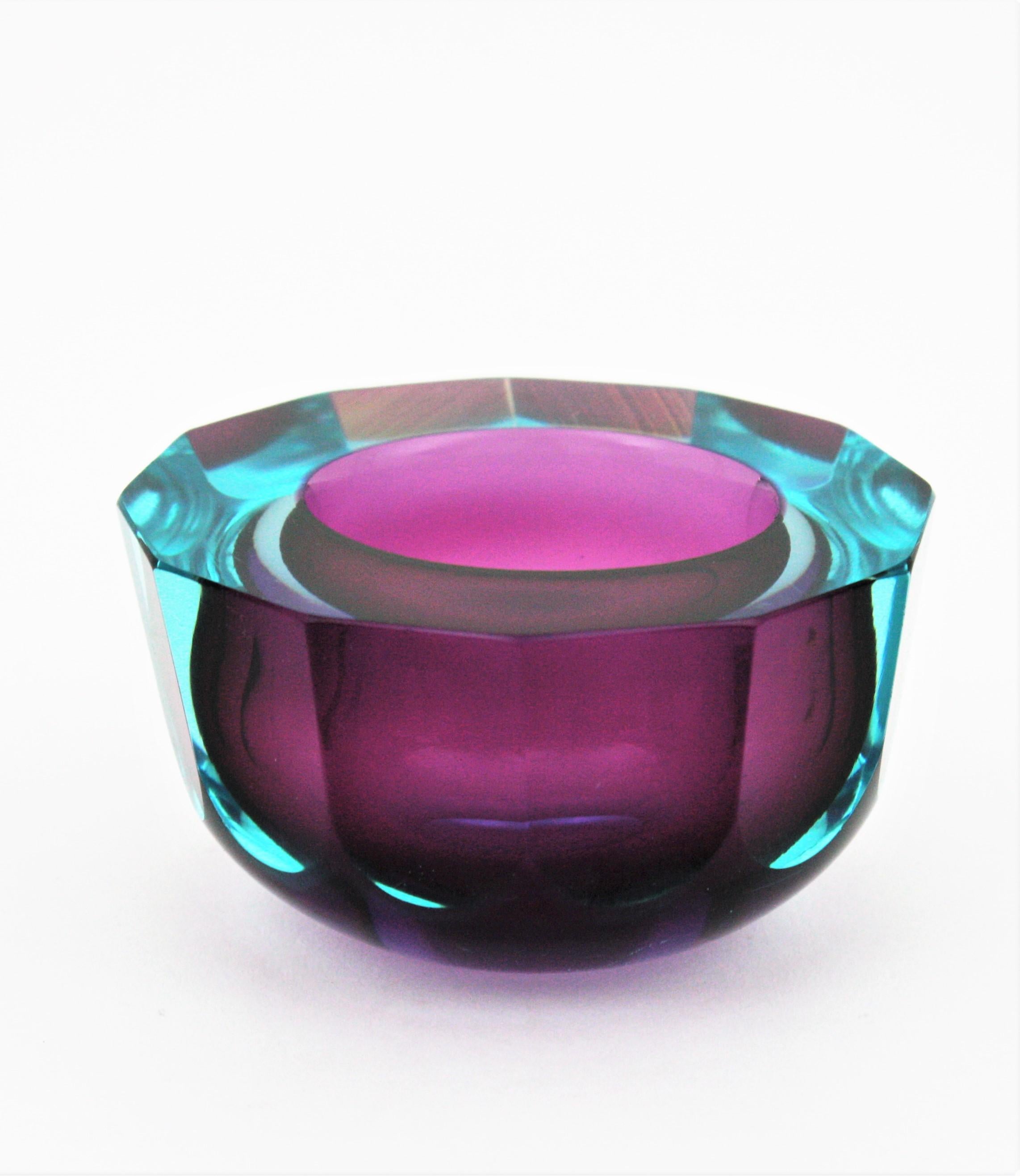 Flavio Poli Seguso Vetri d'Arte Murano Art Glass Sommerso Blue Purple Bowl In Excellent Condition In Barcelona, ES