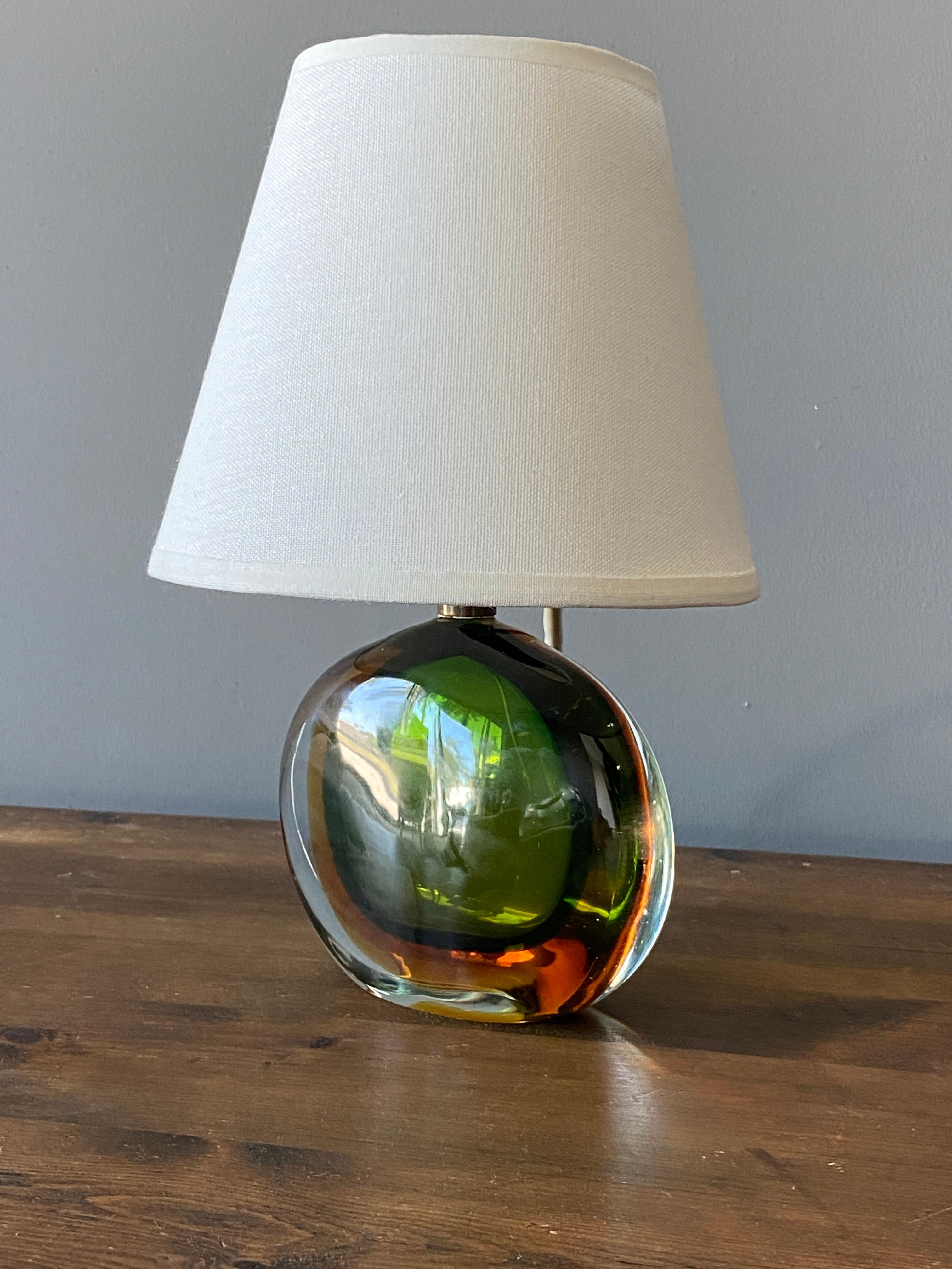 Mid-Century Modern Flavio Poli, Small Table Lamp, Murano Glass, Brass, Fabric, Seguso Italy, 1950s