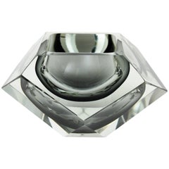 Flavio Poli Smoked Grey and Clear Faceted Sommerso Murano Glass Giant Bowl