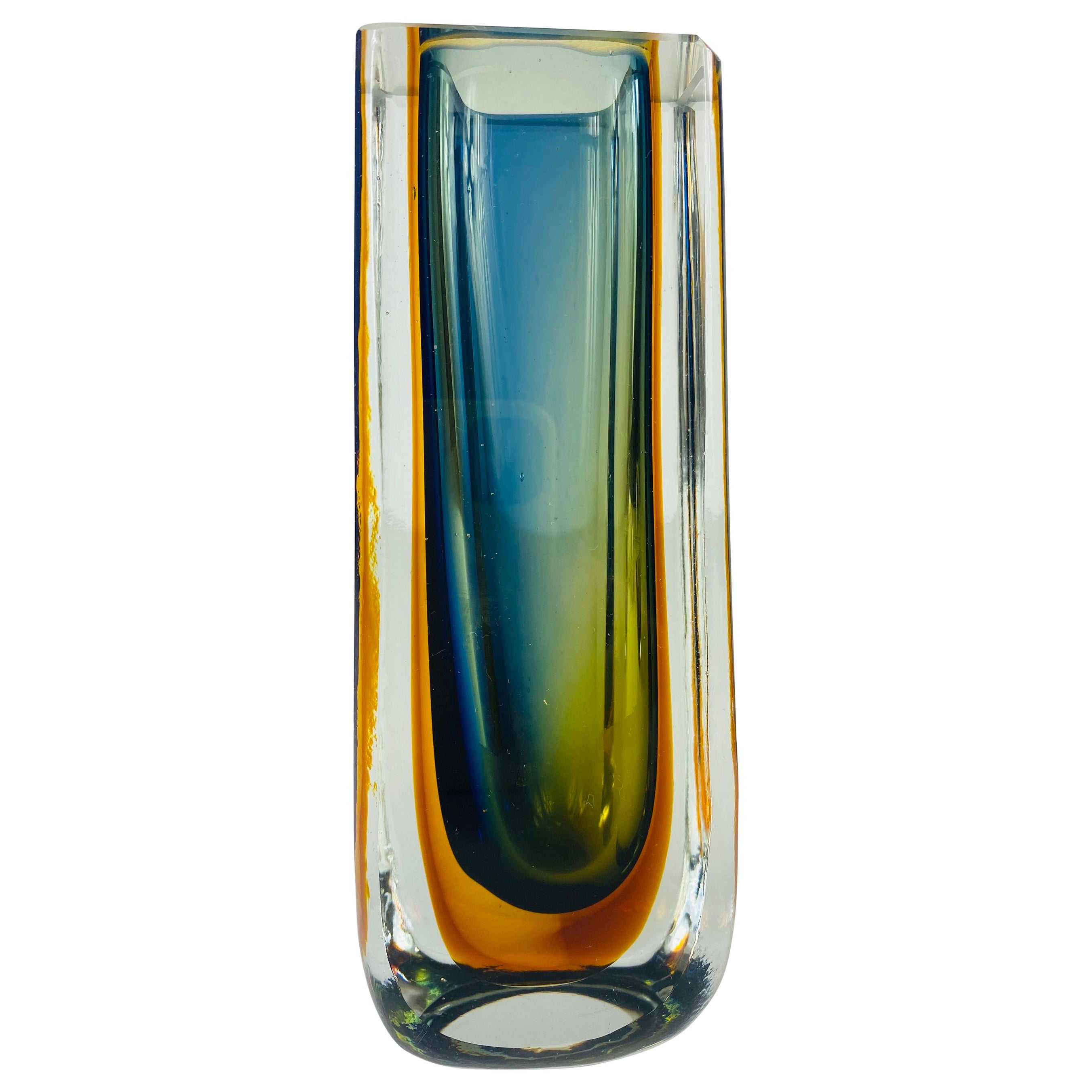 Flavio Poli Sommeroso Murano green, blue and yellow faceted art glass vase