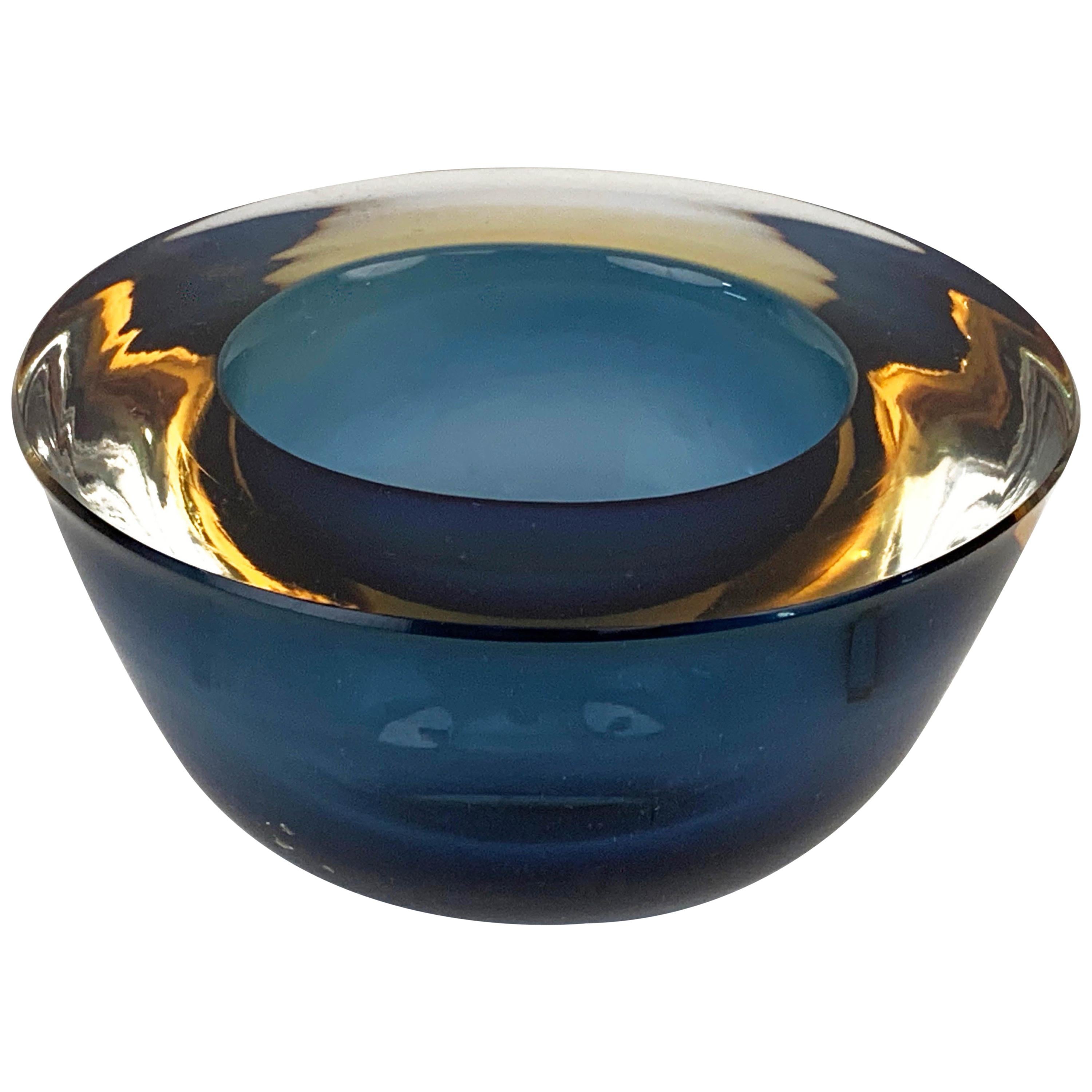 Flavio Poli "Sommerso" Amber Blue Murano Glass Italian Ashtray or Bowl, 1960
