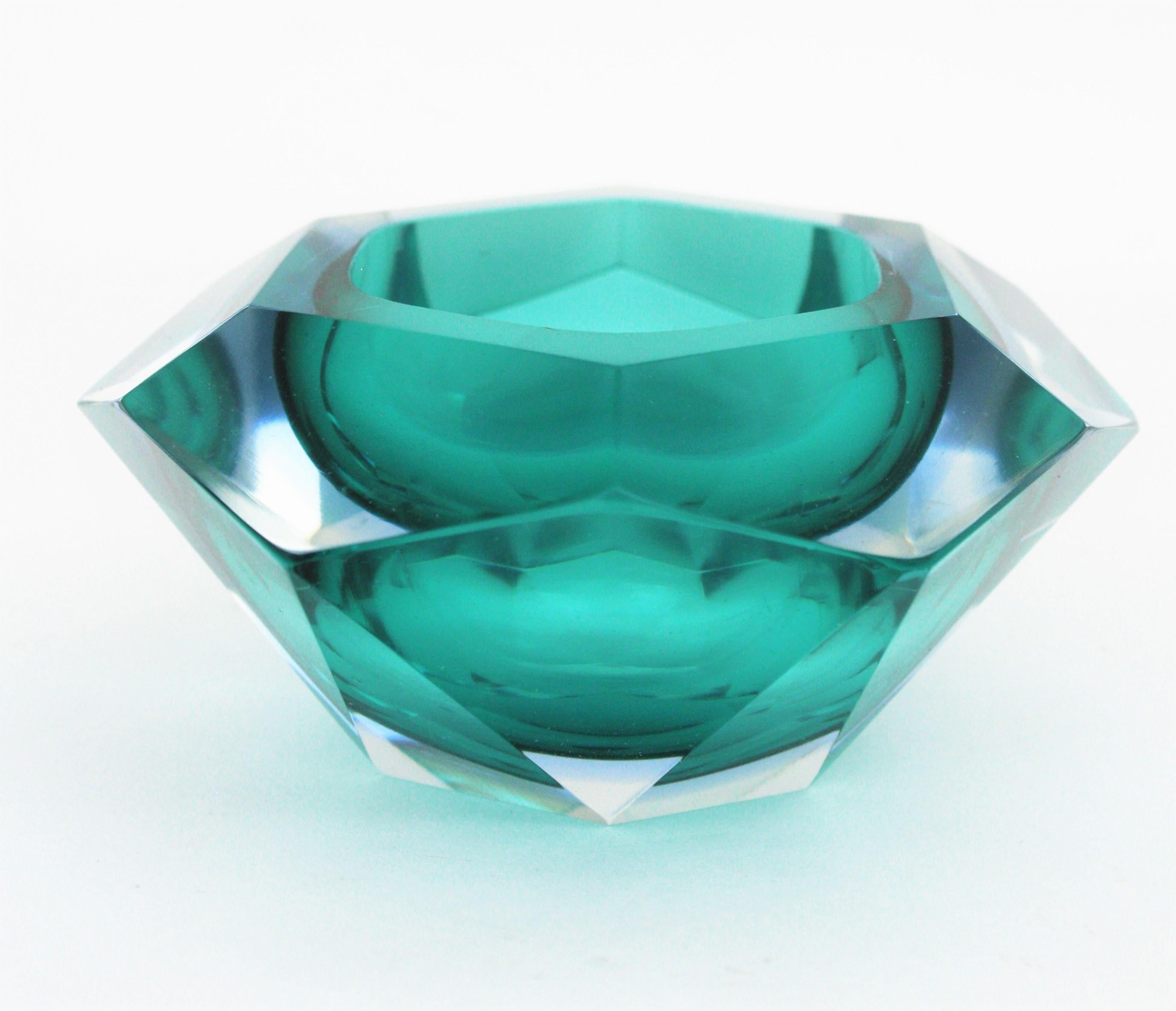 Flavio Poli Sommerso Green and Blue Diamond Shaped Faceted Murano Glass Bowl 6