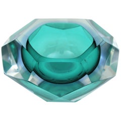 Flavio Poli Sommerso Green and Blue Diamond Shaped Faceted Murano Glass Bowl