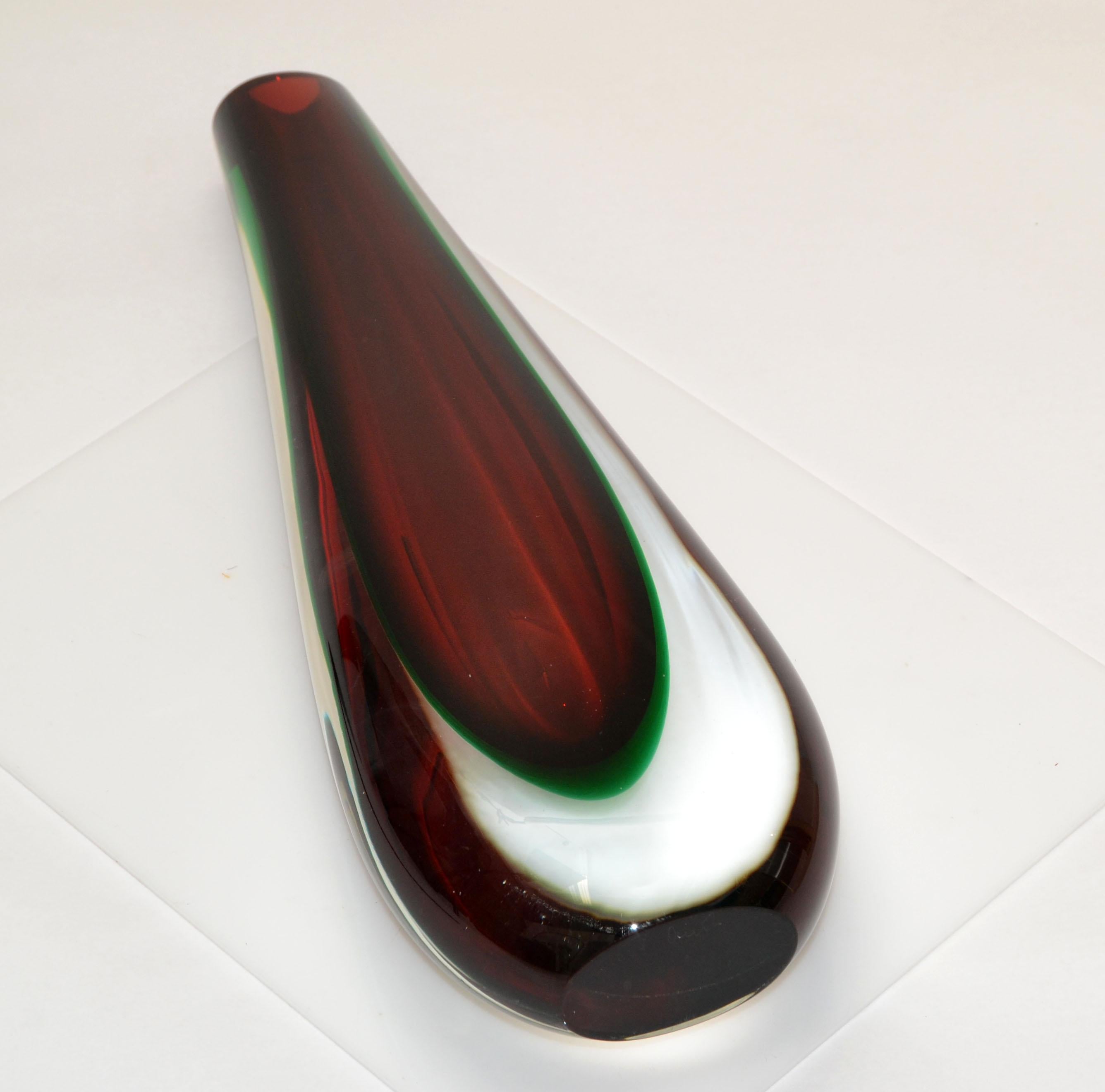 Flavio Poli Sommerso Murano Glass Vase 3 Encased Colors Red, Green Clear Seguso  For Sale 2