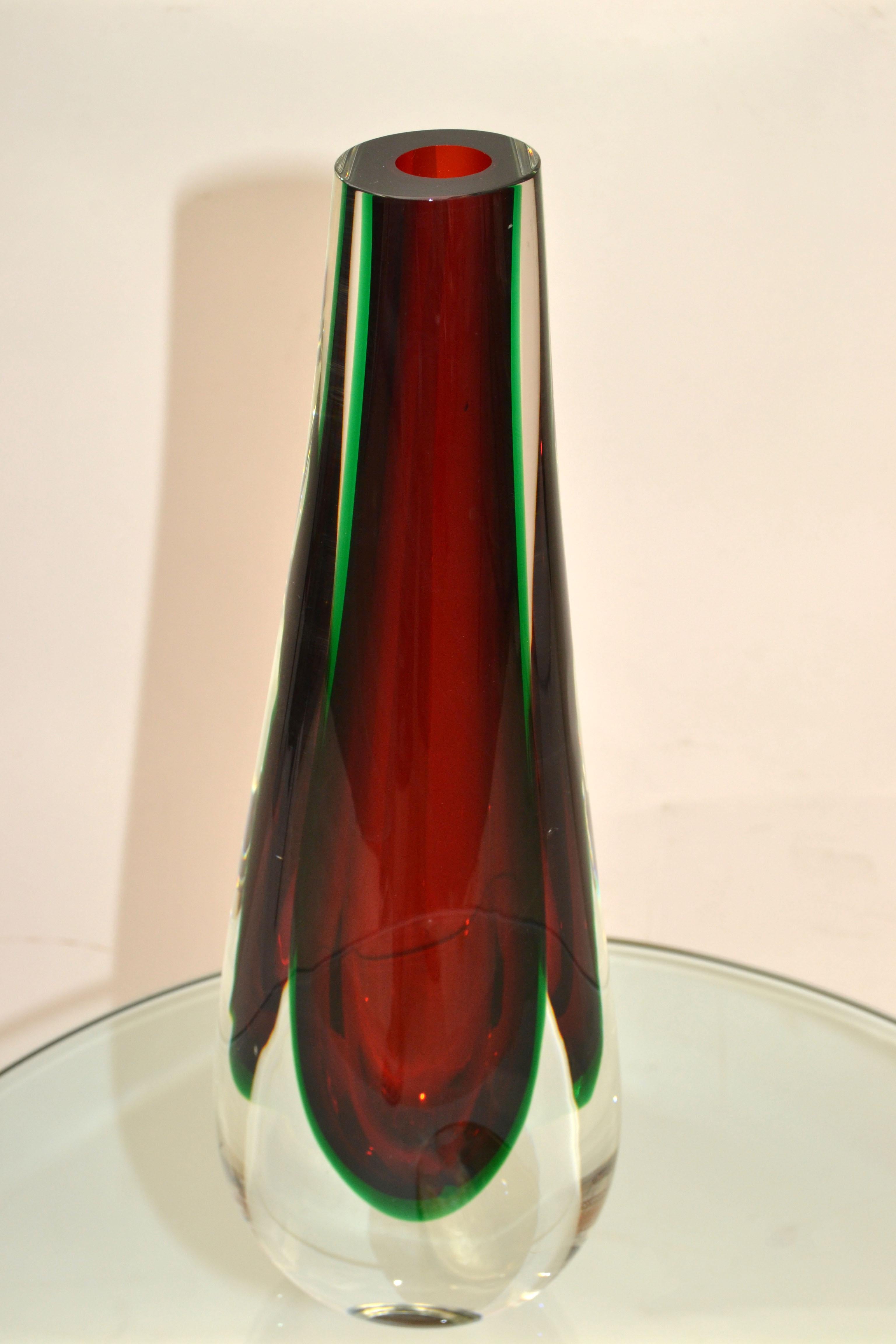 Flavio Poli Sommerso Murano Glass Vase 3 Encased Colors Red, Green Clear Seguso  For Sale 4