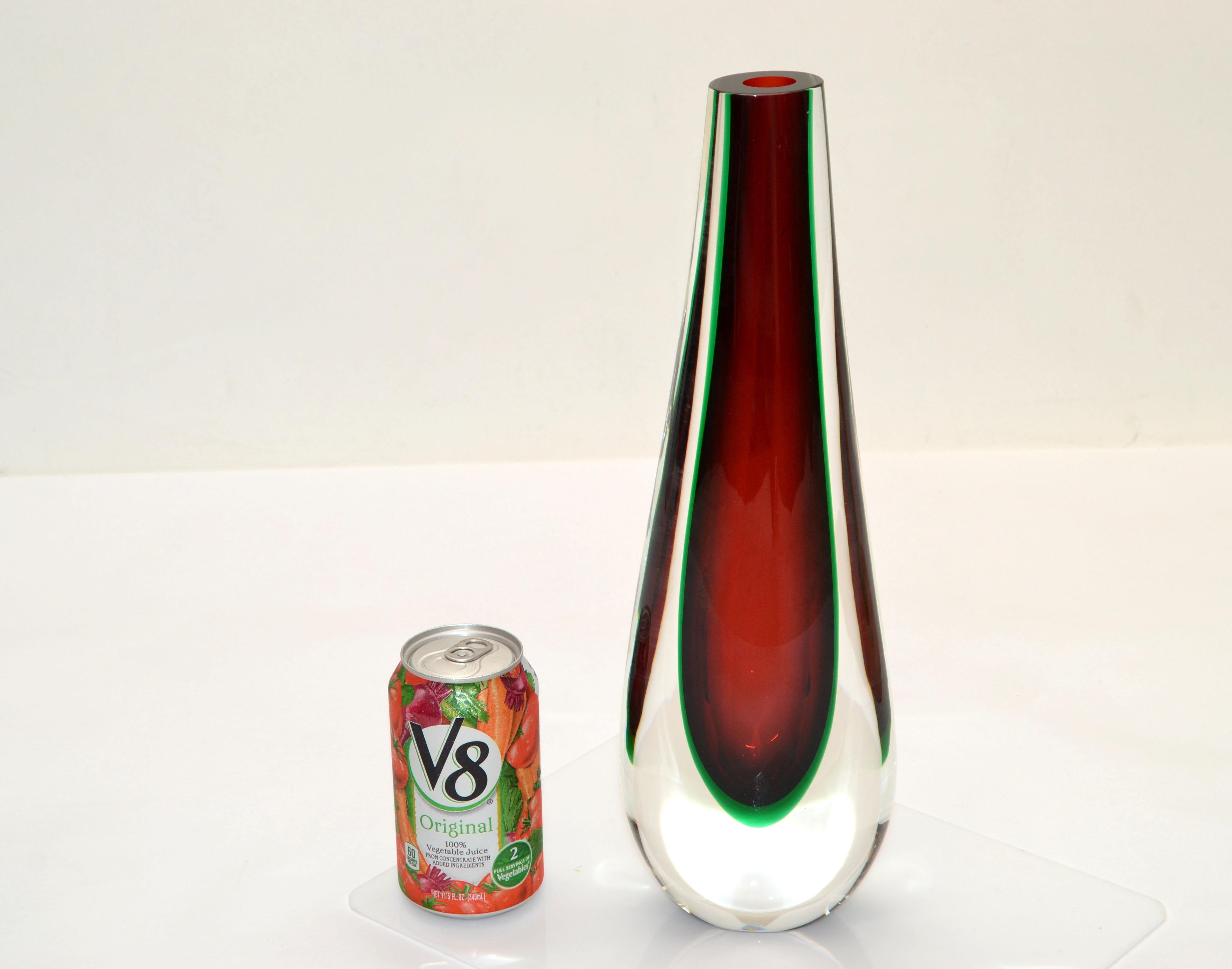 Italian Flavio Poli Sommerso Murano Glass Vase 3 Encased Colors Red, Green Clear Seguso  For Sale