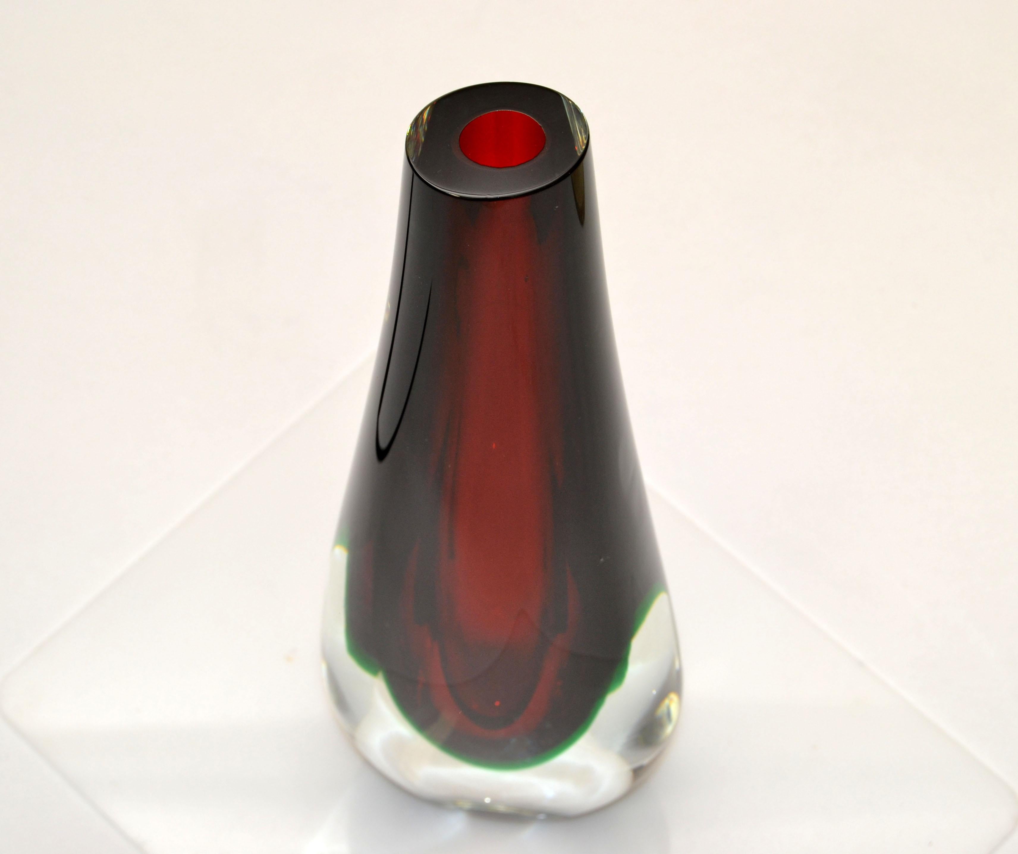 Hand-Crafted Flavio Poli Sommerso Murano Glass Vase 3 Encased Colors Red, Green Clear Seguso  For Sale