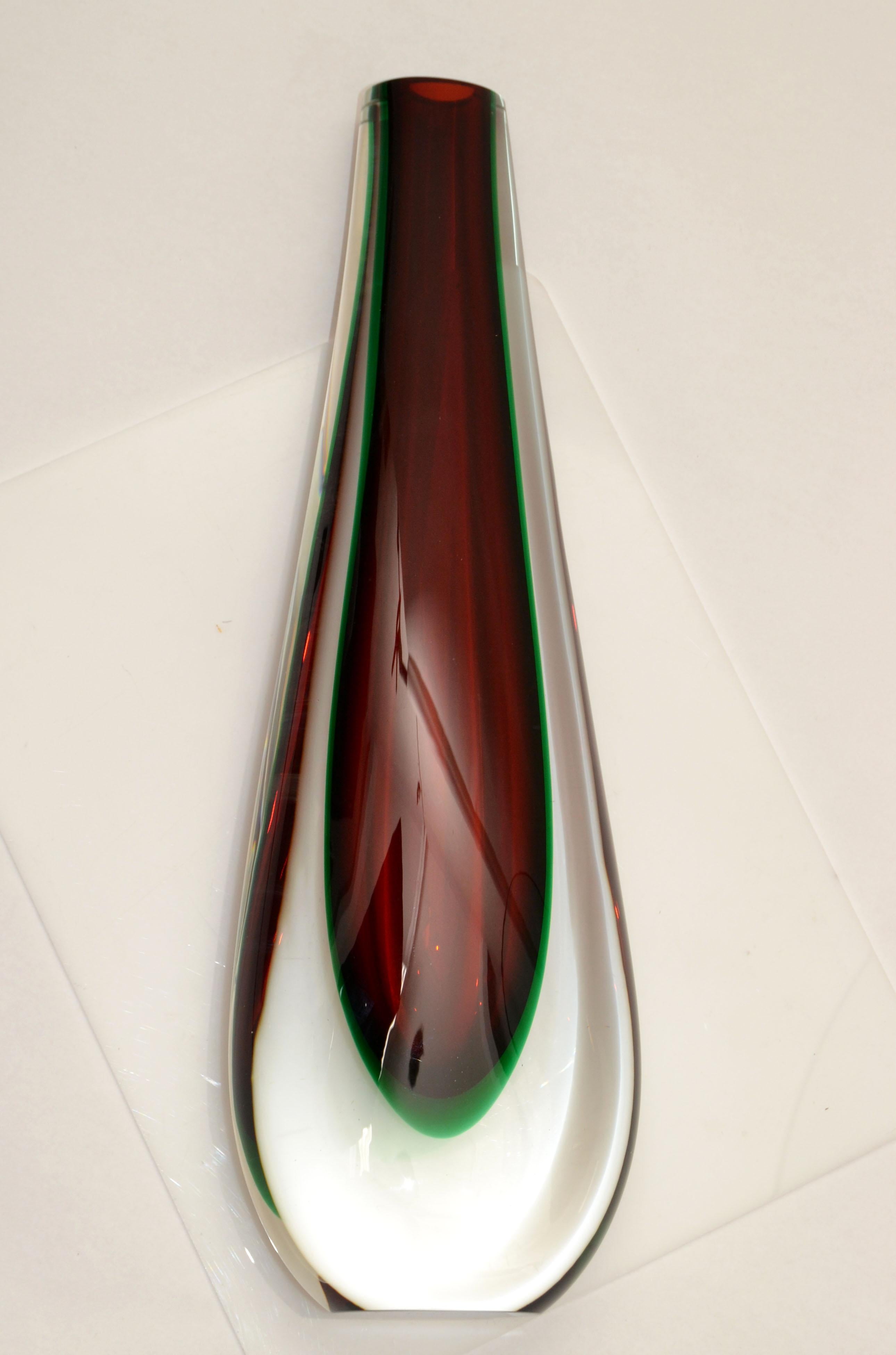 Mid-20th Century Flavio Poli Sommerso Murano Glass Vase 3 Encased Colors Red, Green Clear Seguso  For Sale