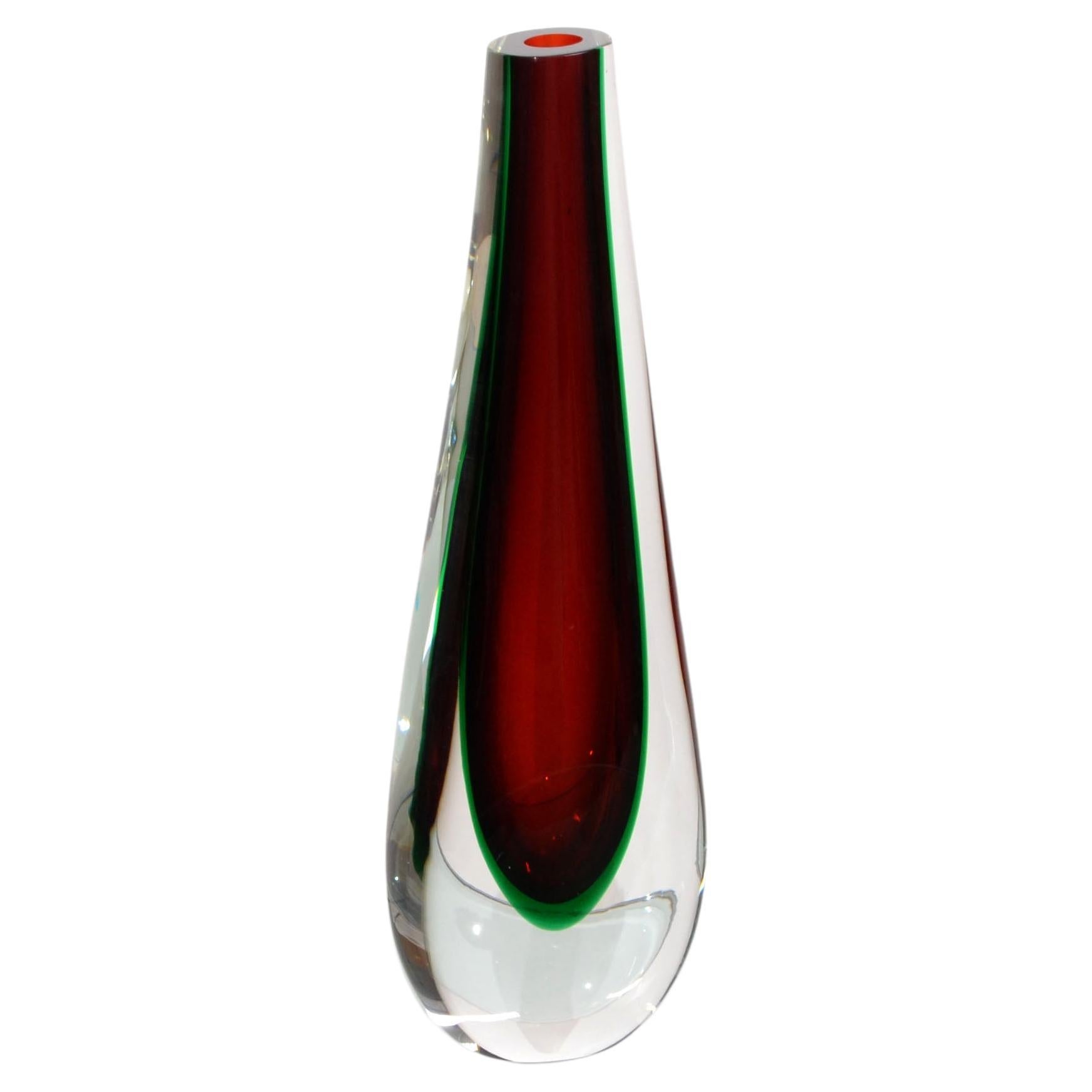 Flavio Poli Sommerso Murano Glass Vase 3 Encased Colors Red, Green Clear Seguso  For Sale