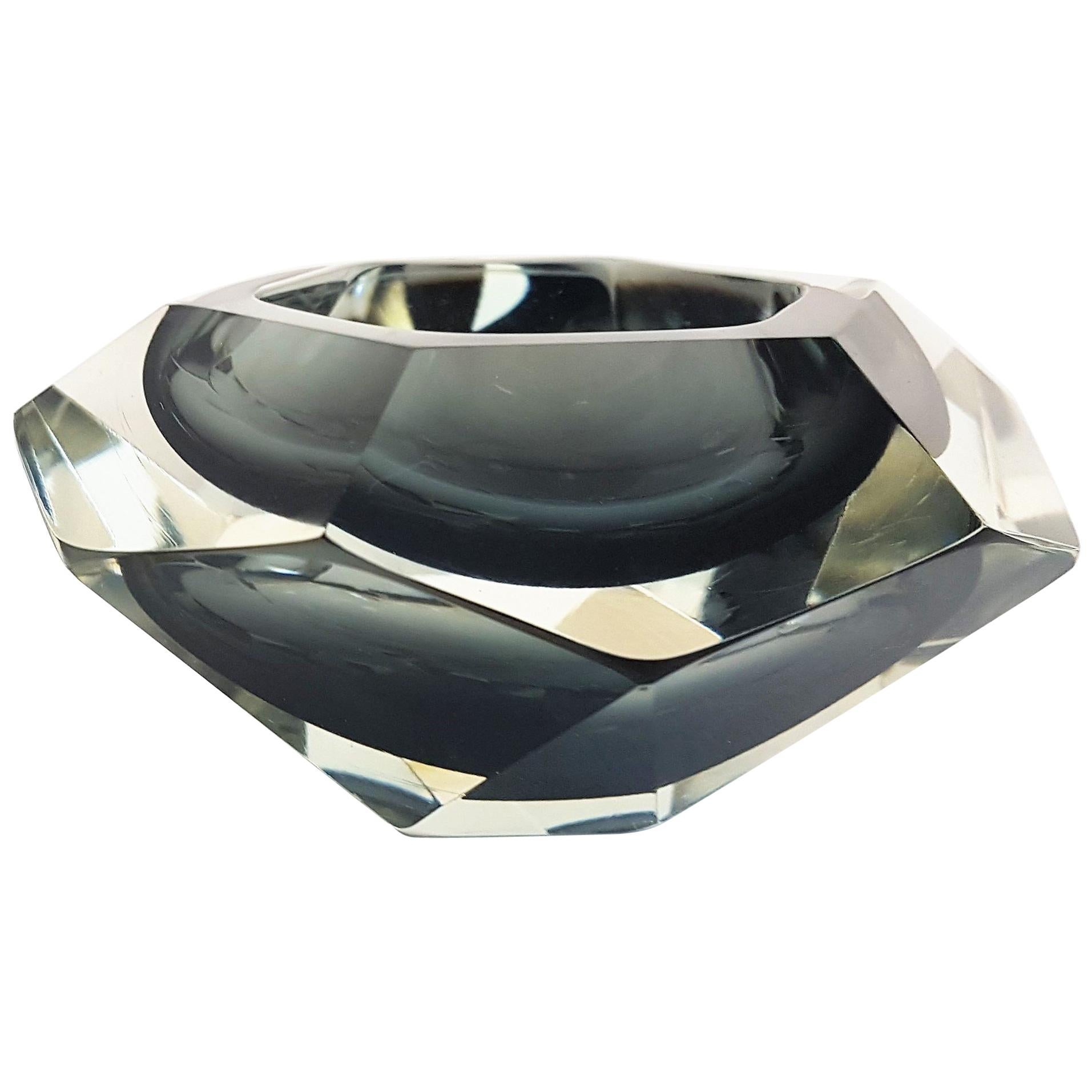 Flavio Poli Sommerso Smoked Grey & Clear Faceted Diamond Shape Murano Glass Bowl