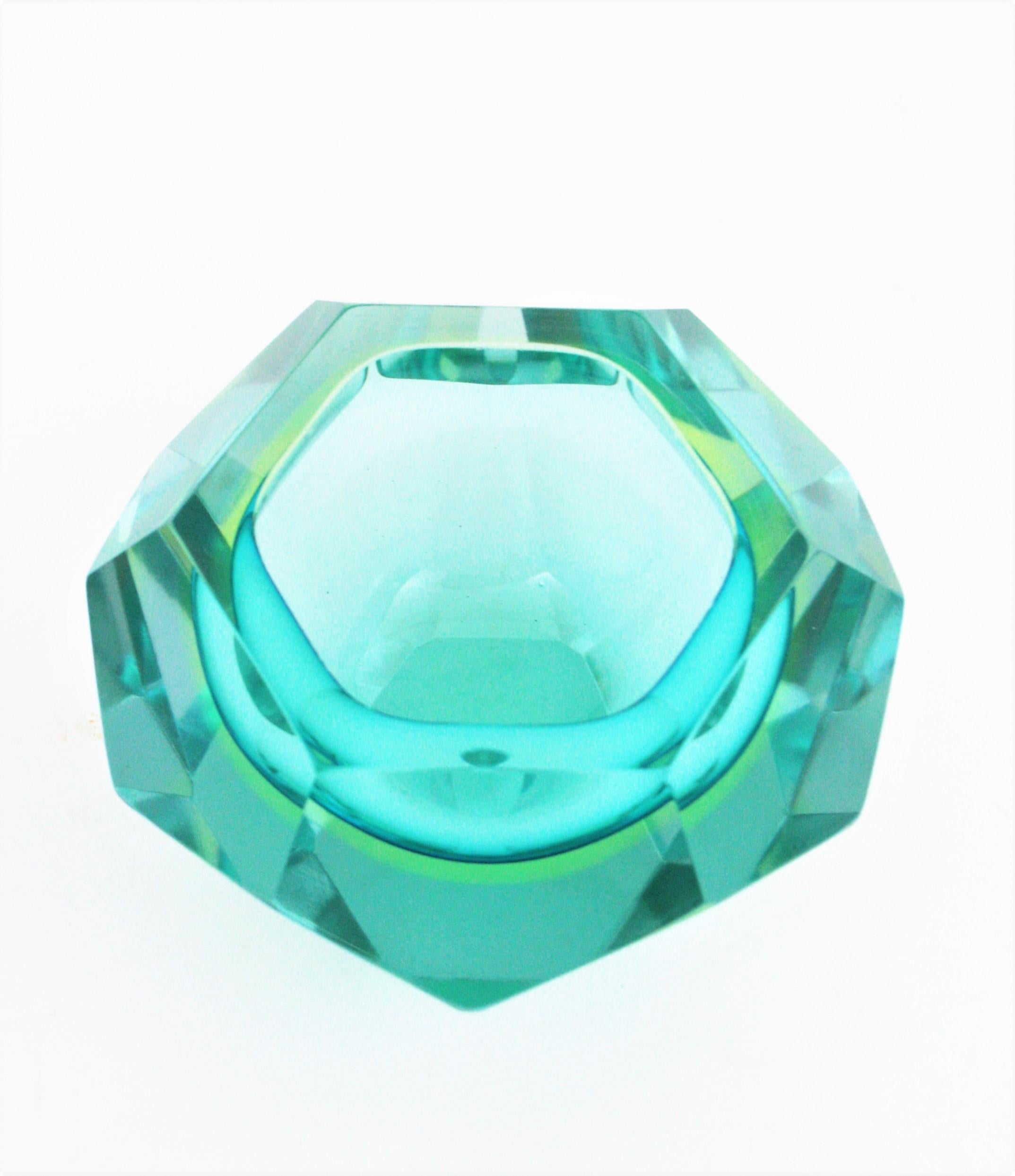 Flavio Poli Sommerso Türkis Blau Gelb Diamant Facettiertes Murano Kunstglas Schale im Angebot 4