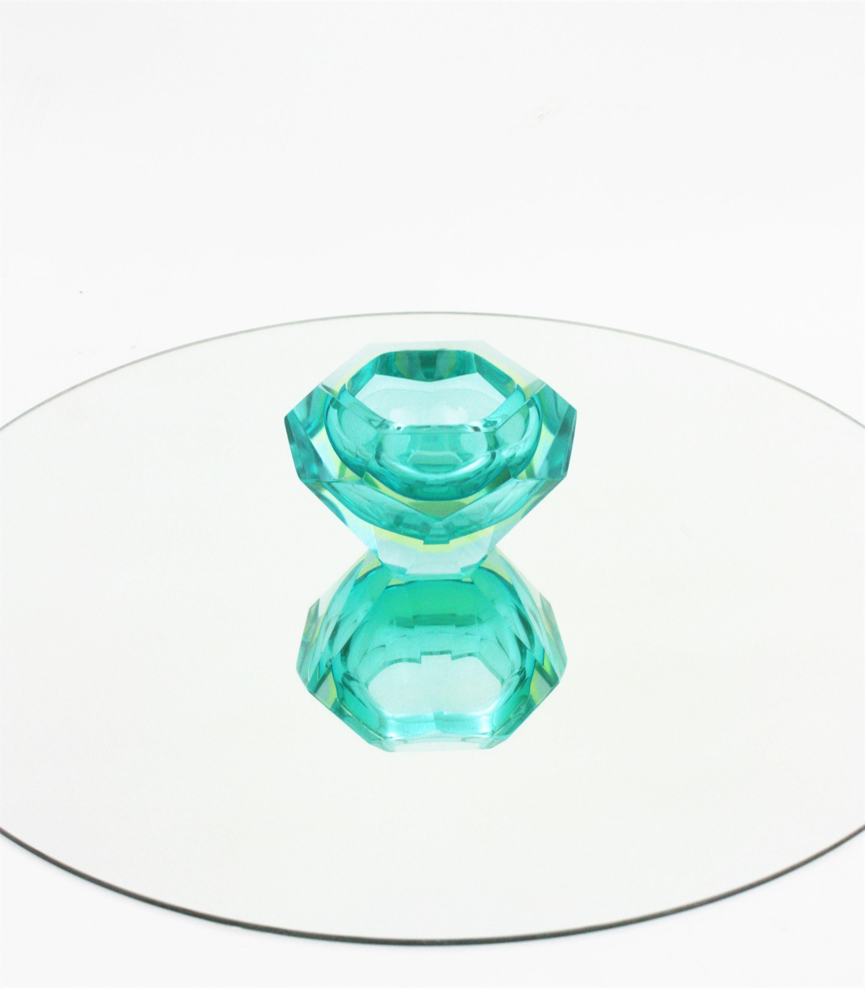 Flavio Poli Sommerso Türkis Blau Gelb Diamant Facettiertes Murano Kunstglas Schale im Angebot 6