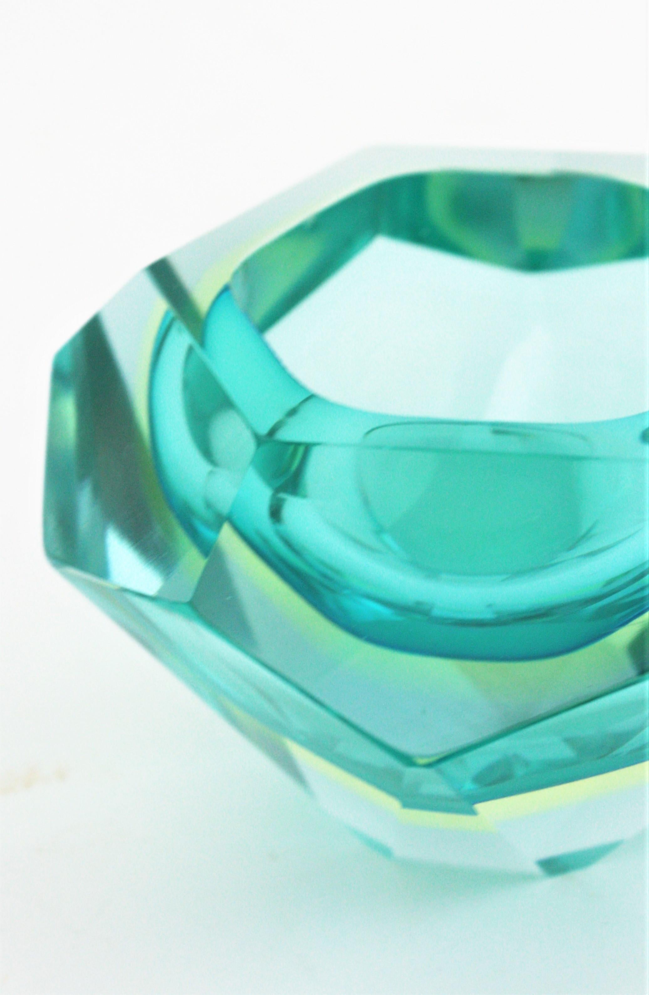 Flavio Poli Sommerso Türkis Blau Gelb Diamant Facettiertes Murano Kunstglas Schale im Angebot 8