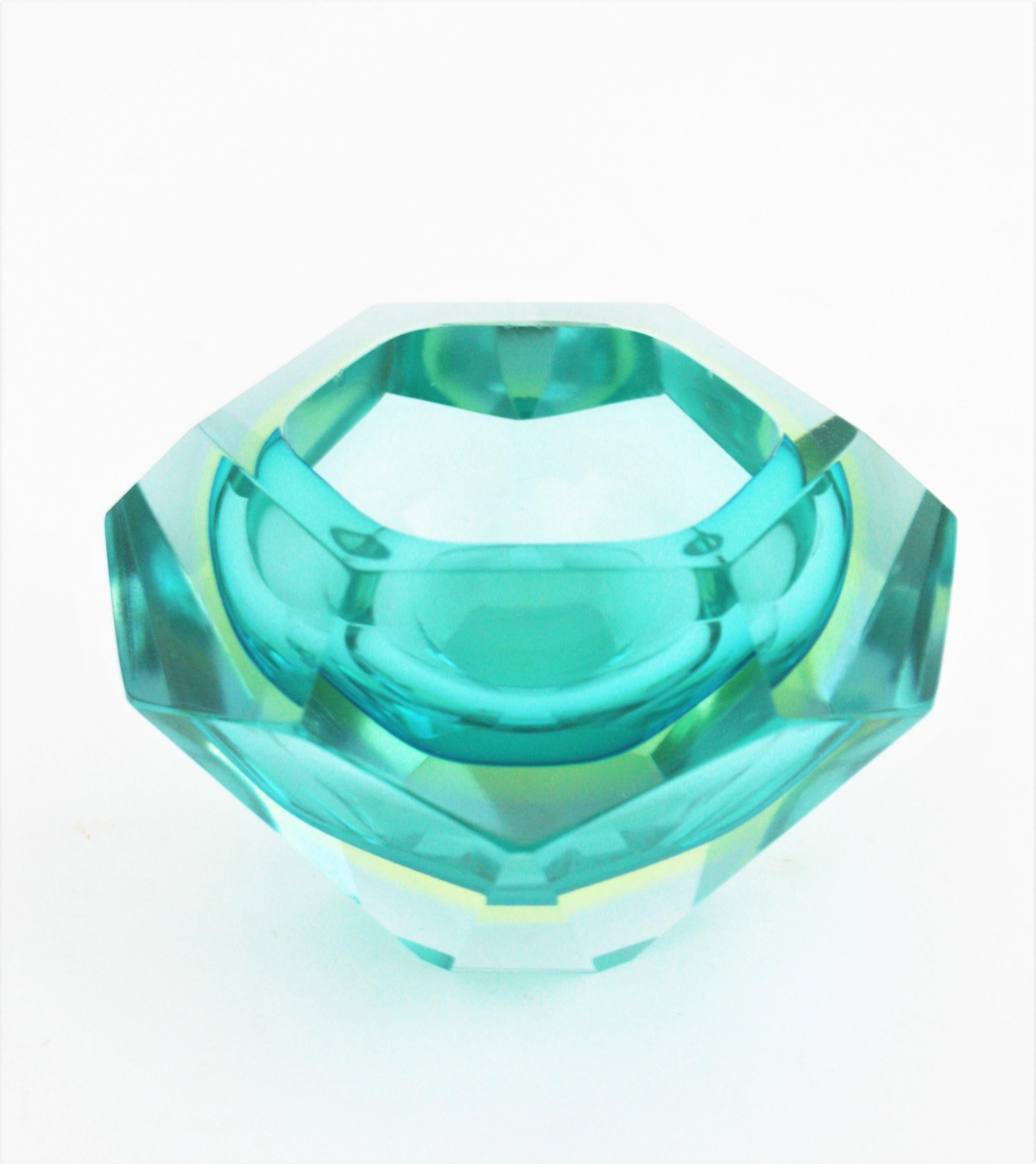 Italian Flavio Poli Sommerso Turquoise Blue Yellow Diamond Faceted Murano Art Glass Bowl For Sale