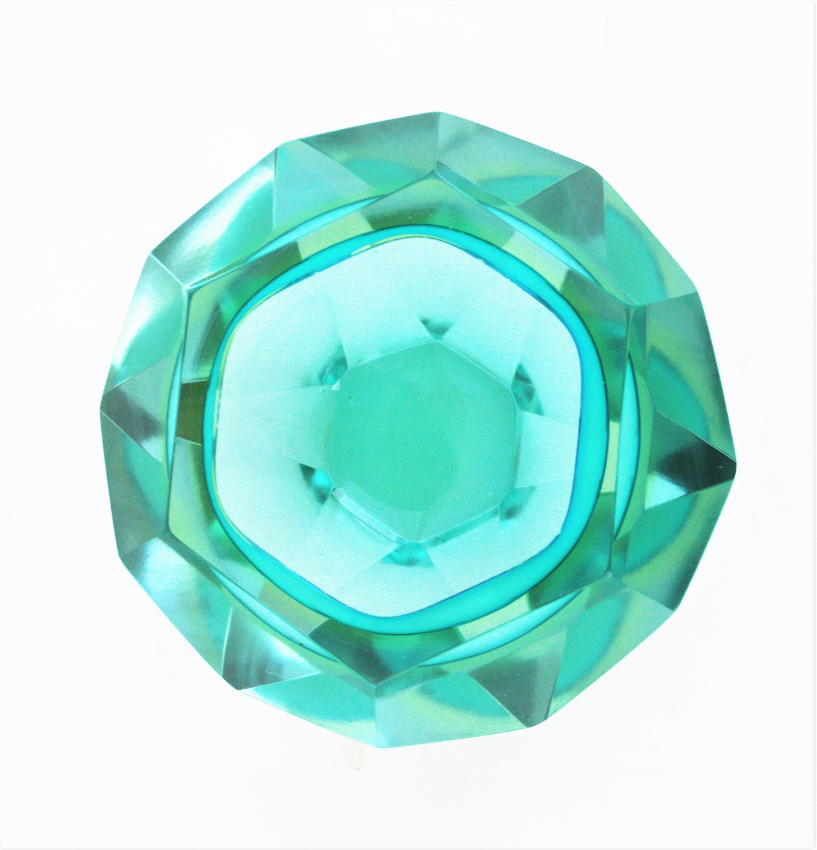 Flavio Poli Sommerso Türkis Blau Gelb Diamant Facettiertes Murano Kunstglas Schale im Angebot 1