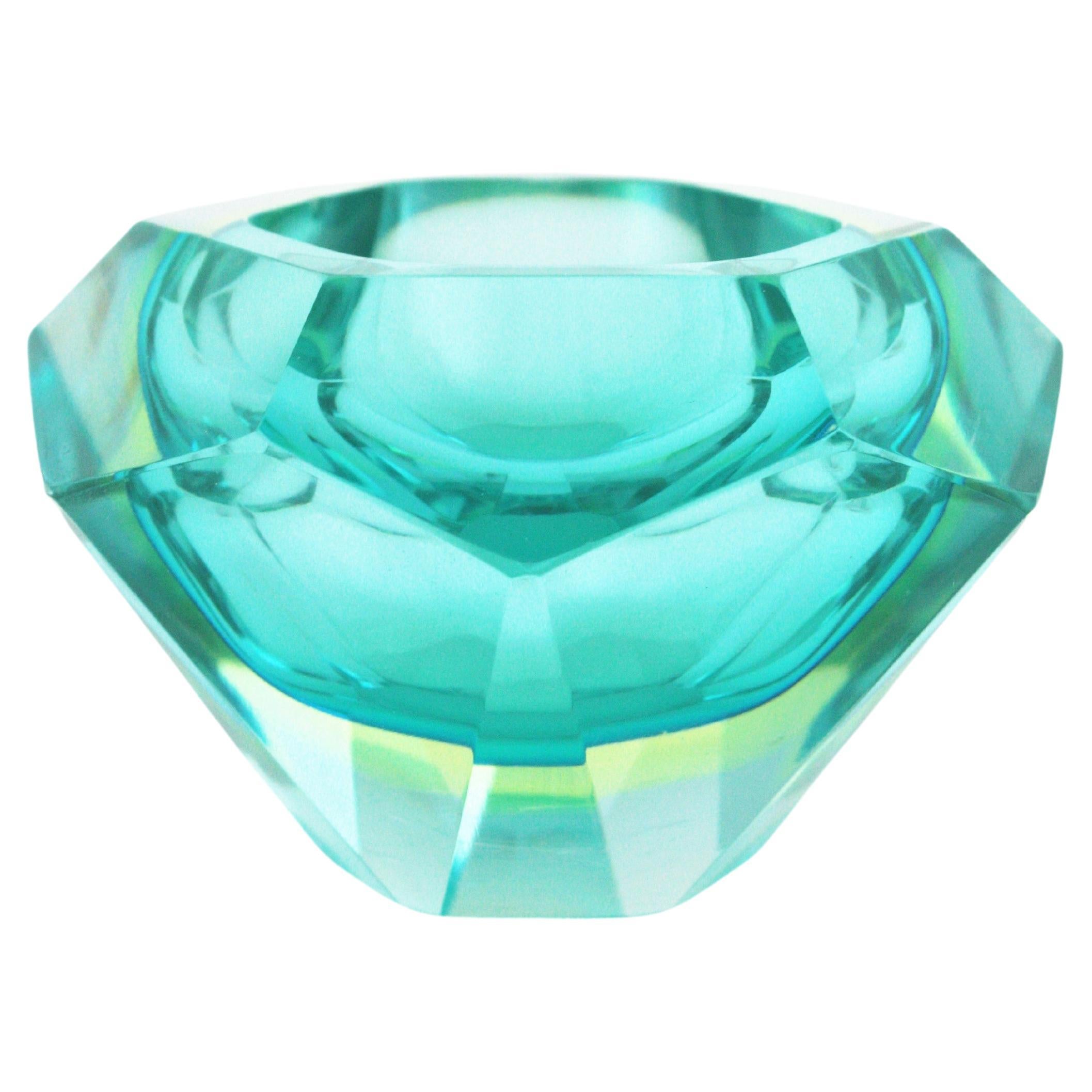 Flavio Poli Sommerso Bol en verre d'art de Murano bleu turquoise jaune diamant à facettes