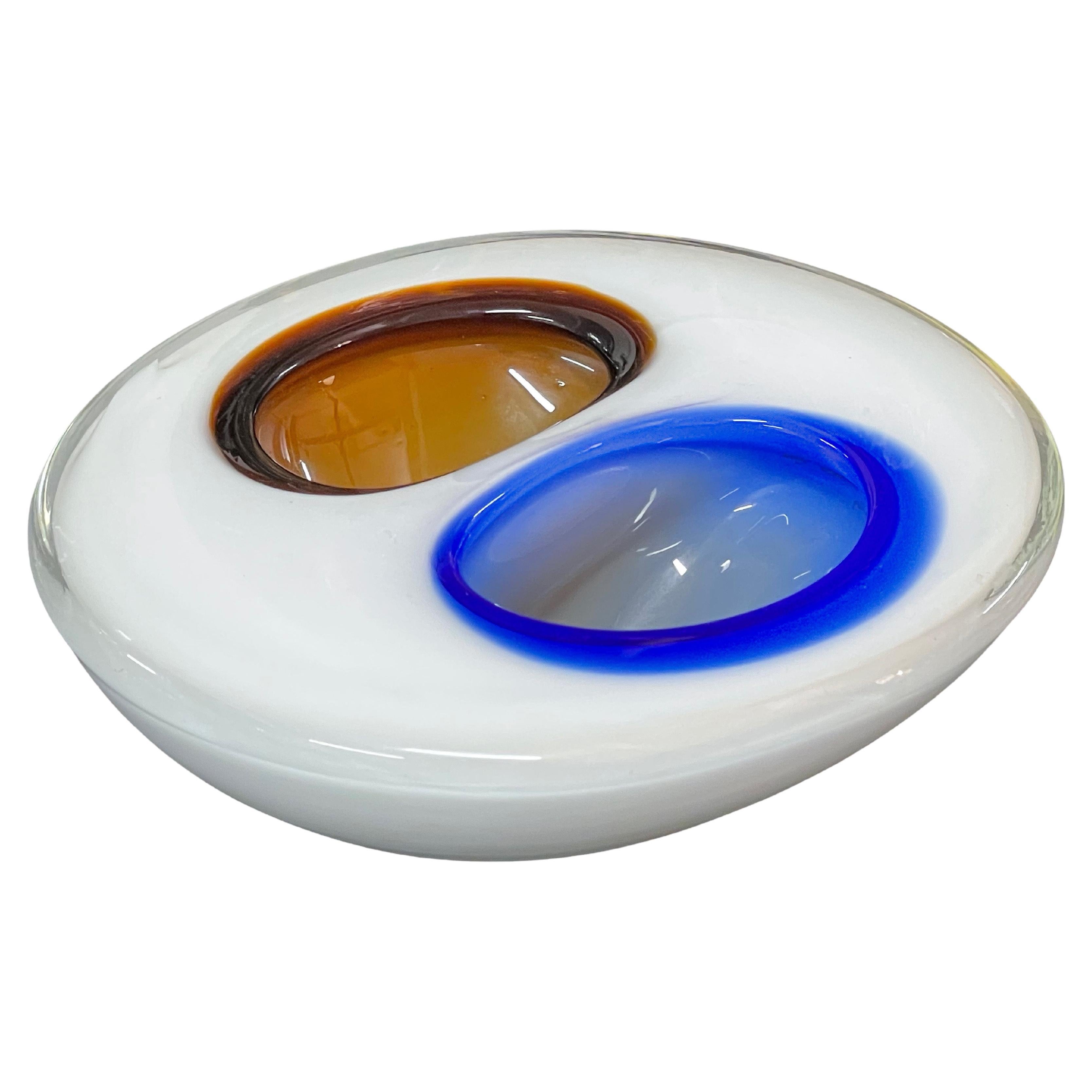 Flavio Poli White, Amber and Blue "Submerged" Murano Glass Italian Bowl, 1970s