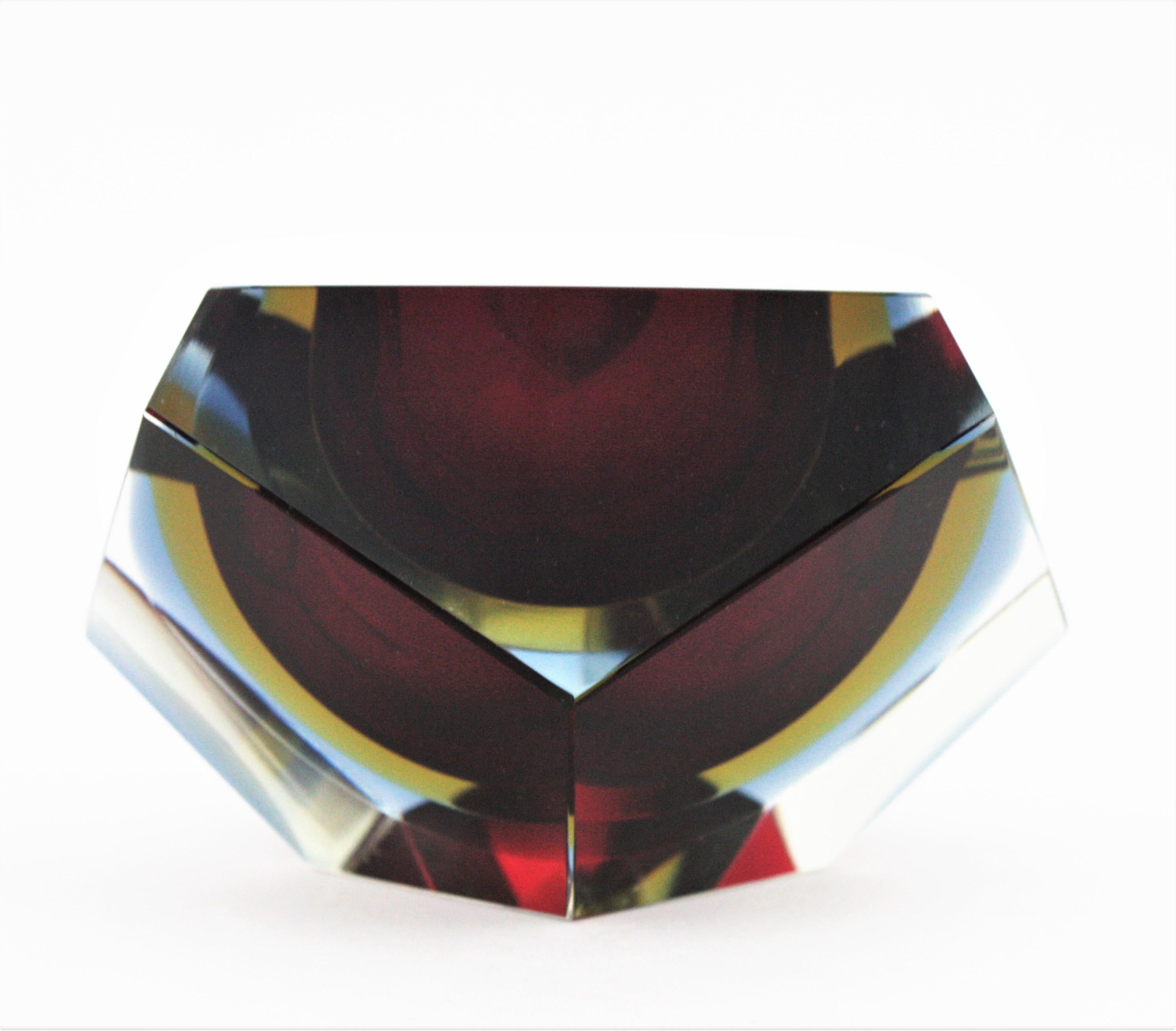 Flavio Poli Seguso Red Yellow Blue Sommerso Faceted Murano Glass Bowl 3