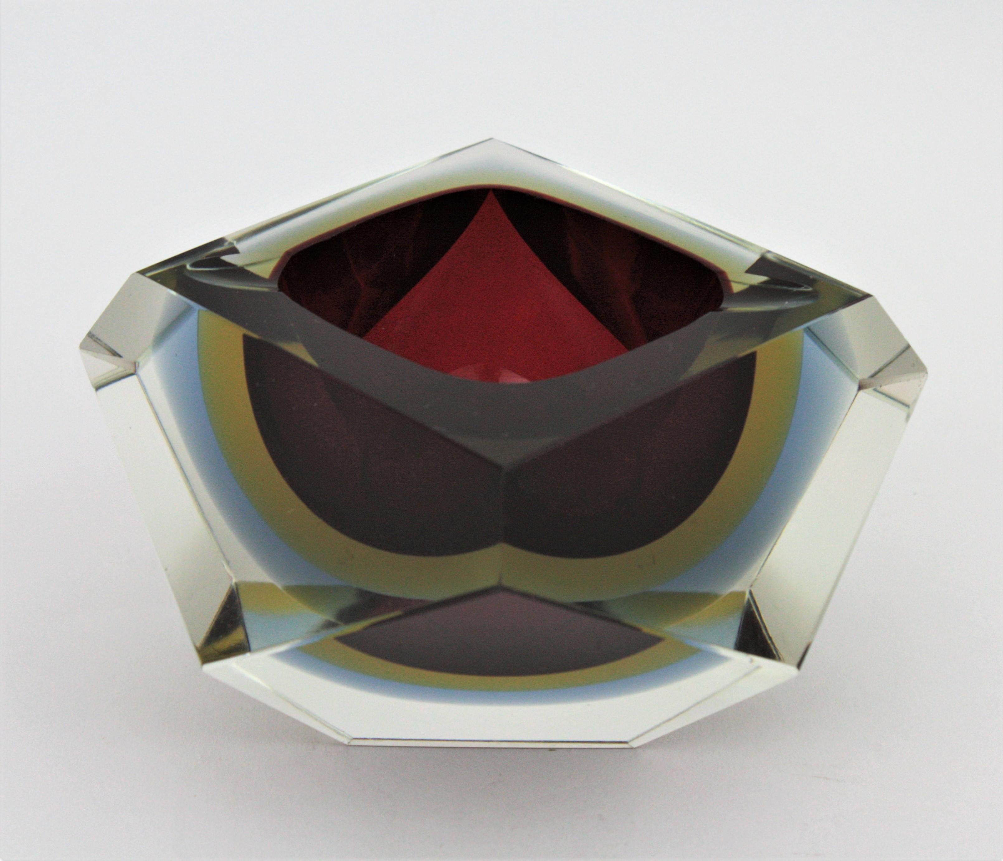 Flavio Poli Seguso Red Yellow Blue Sommerso Faceted Murano Glass Bowl 6